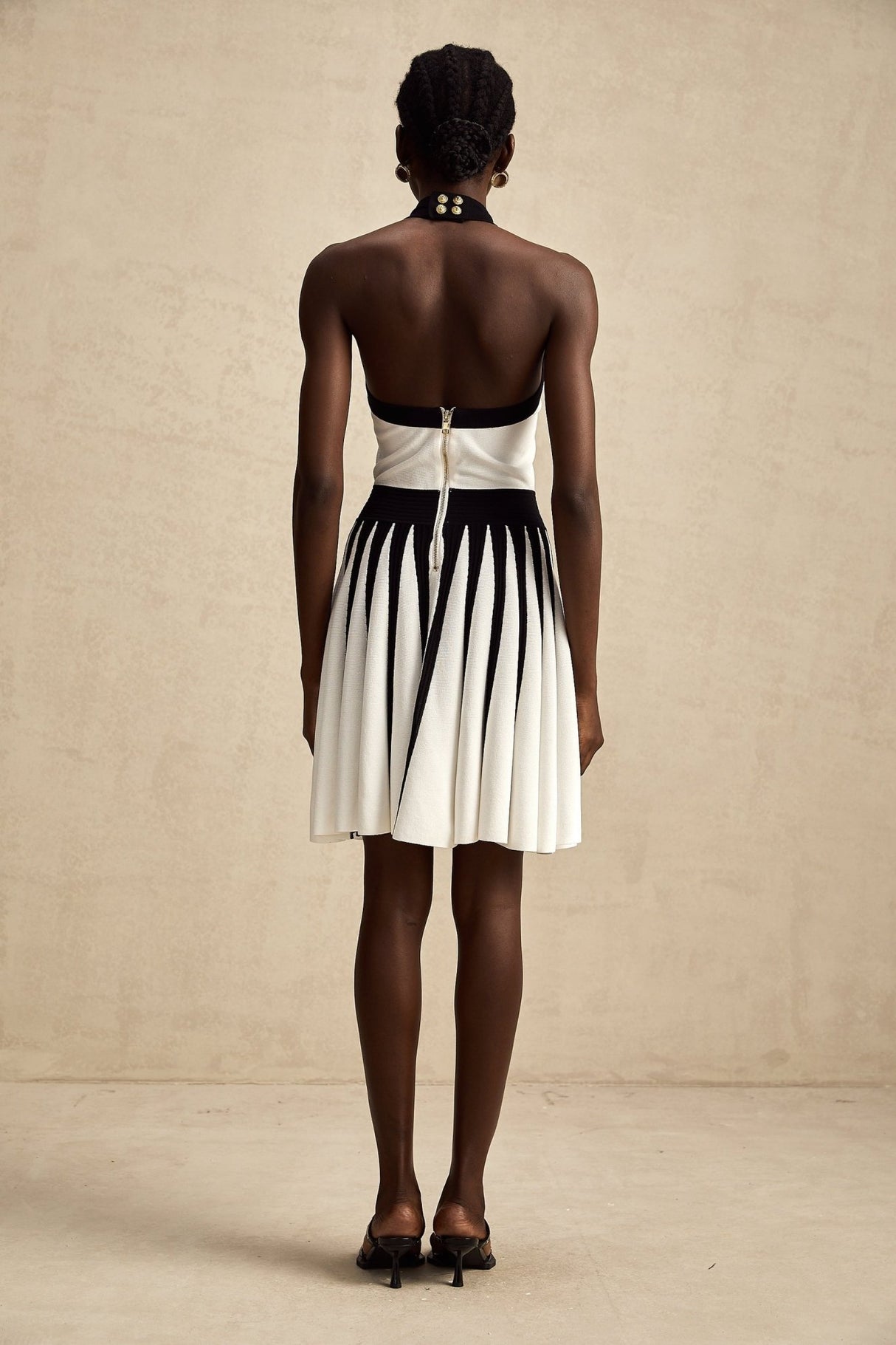 Catherine Mini Dress - Sleeveless Round Neckline Button Detail Open Back Floral Appliqu