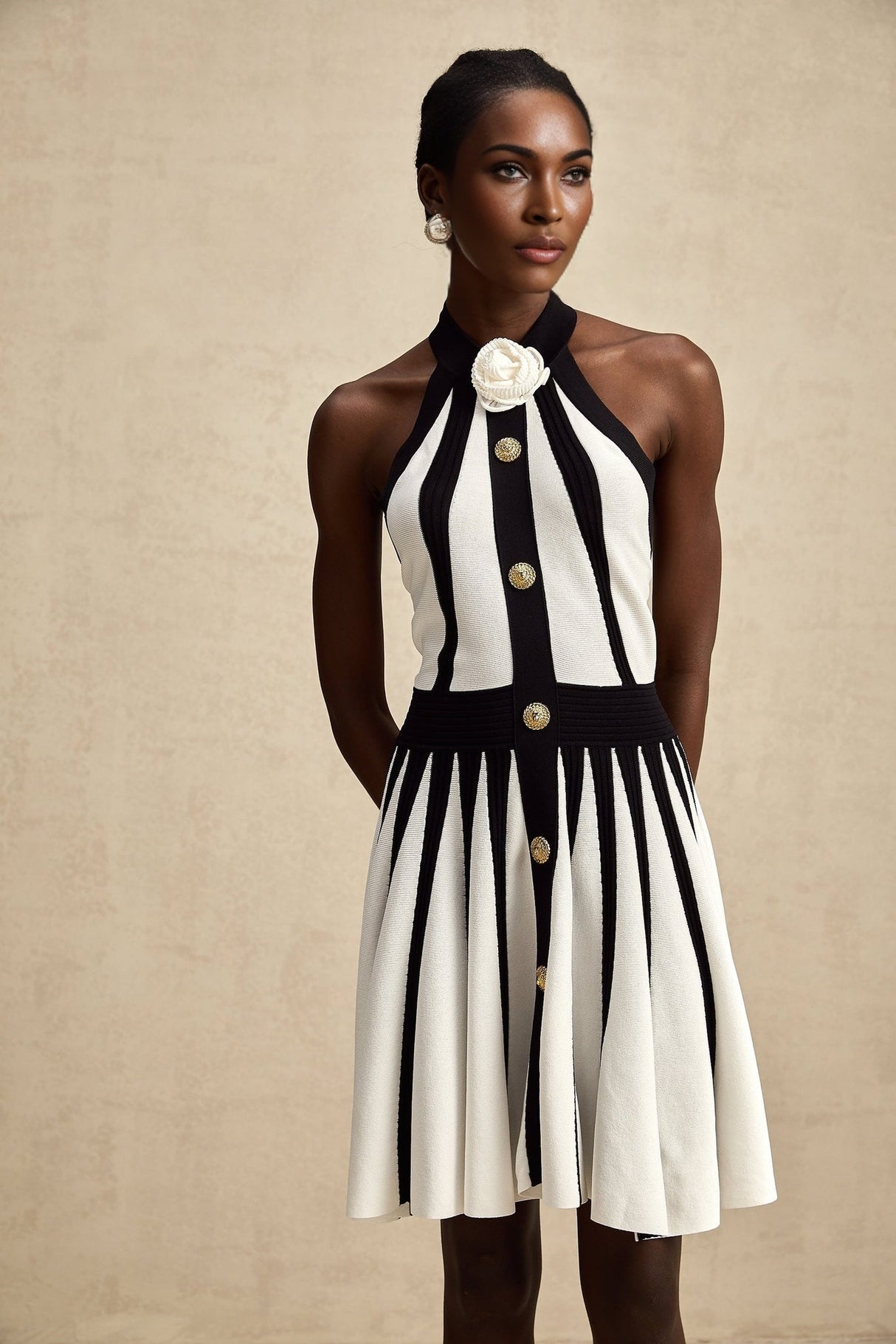 Catherine Mini Dress - Sleeveless Round Neckline Button Detail Open Back Floral Appliqu