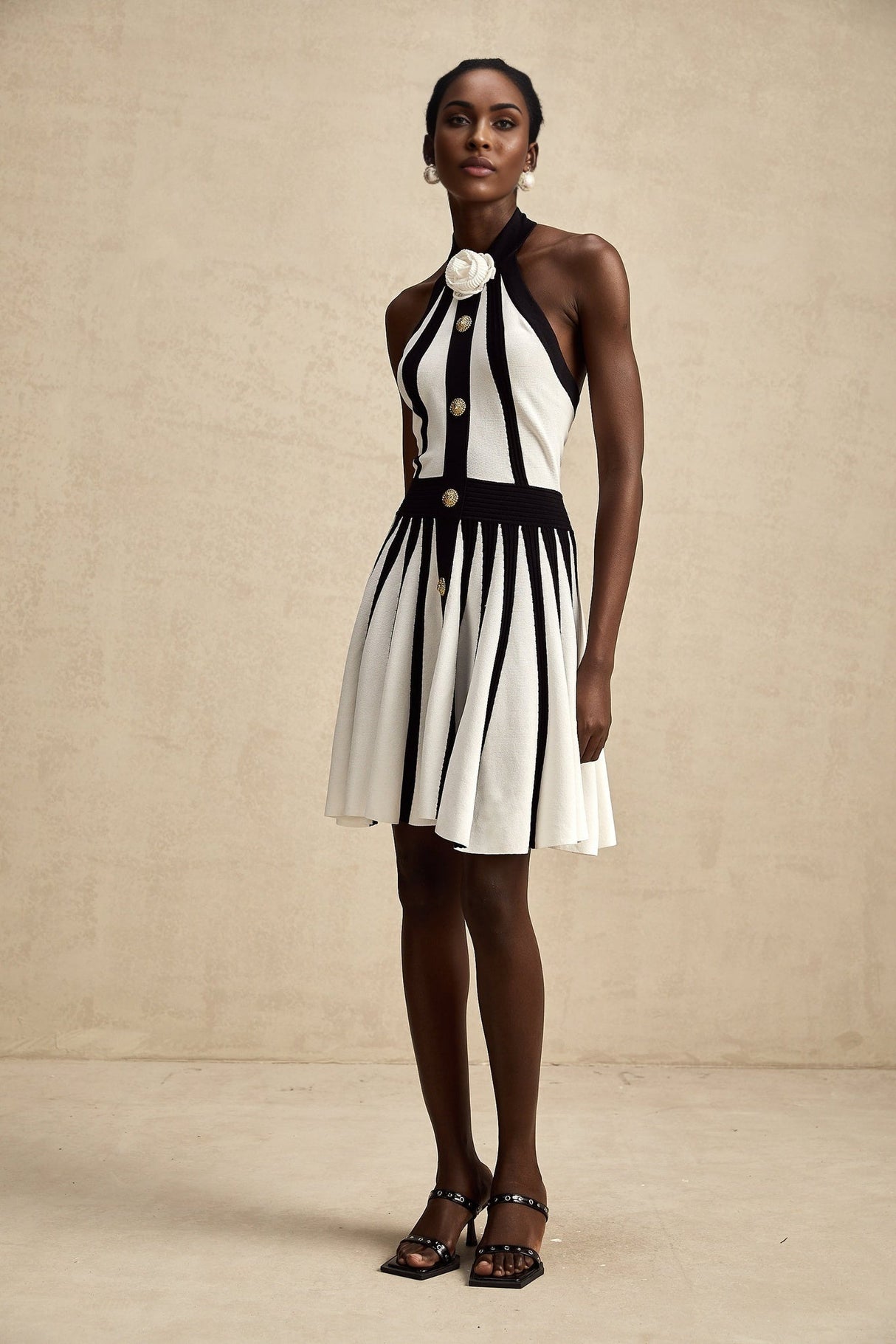 Catherine Mini Dress - Sleeveless Round Neckline Button Detail Open Back Floral Appliqu