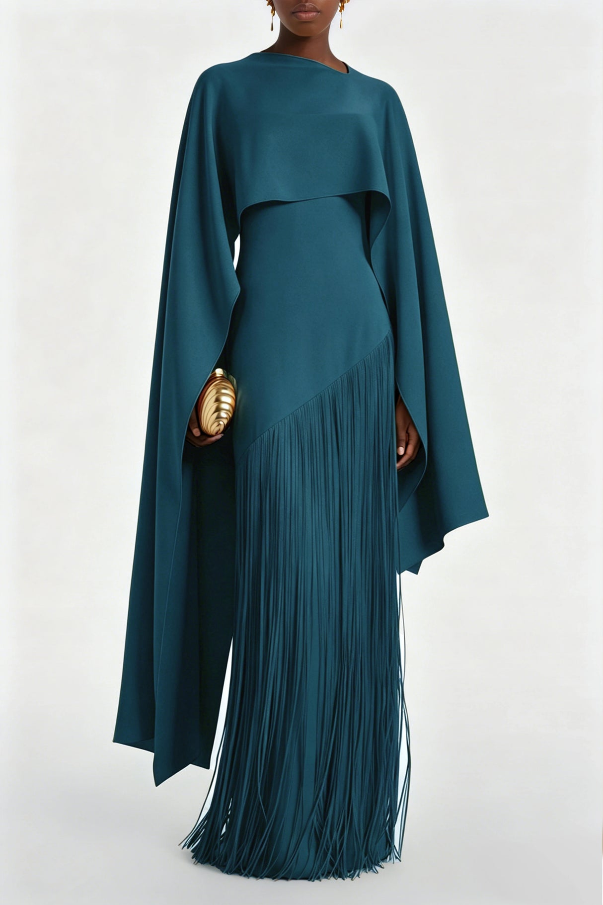 Cayetana Teal Fringe Maxi Dress with Cape Effect