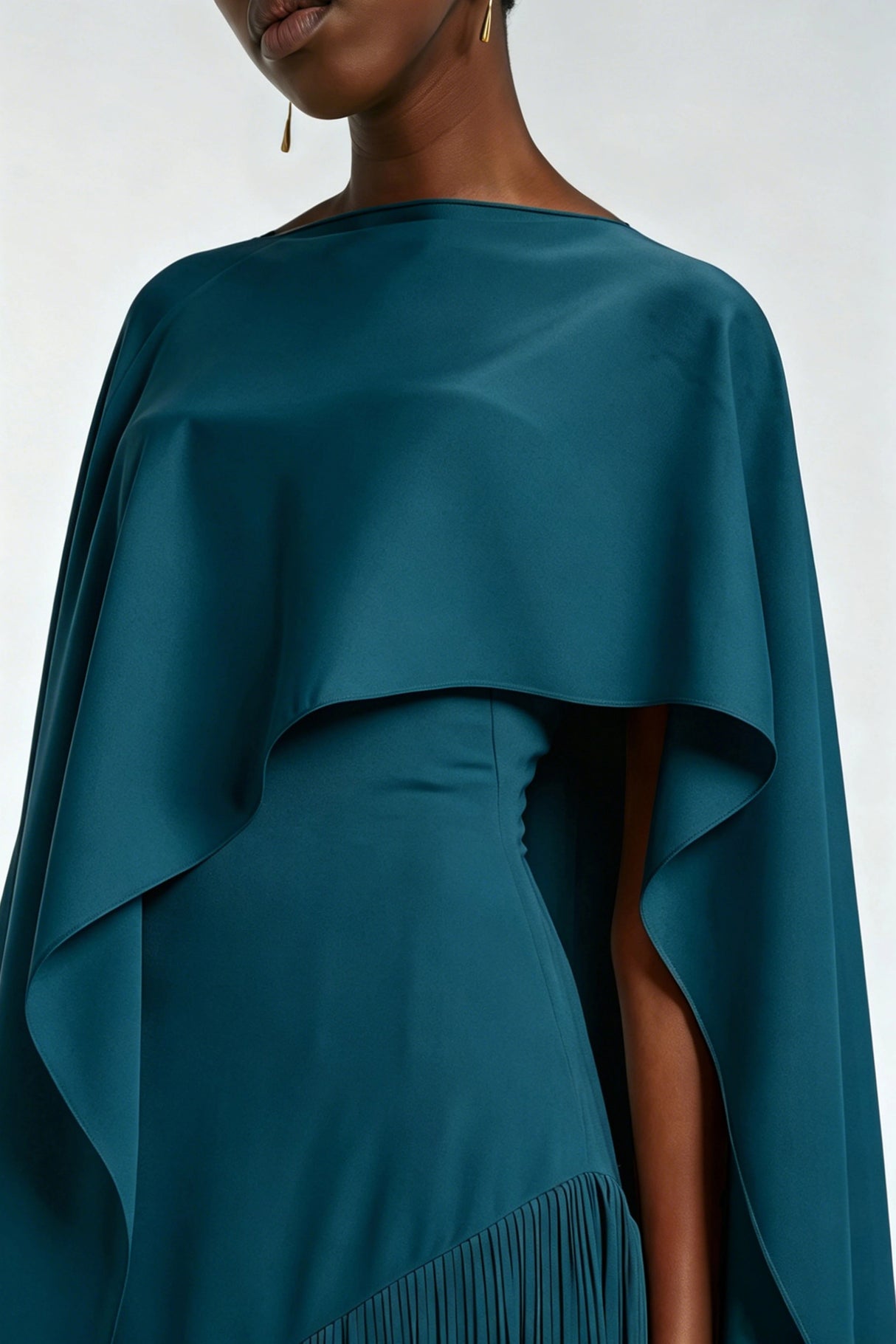 Cayetana Teal Fringe Maxi Dress with Cape Effect