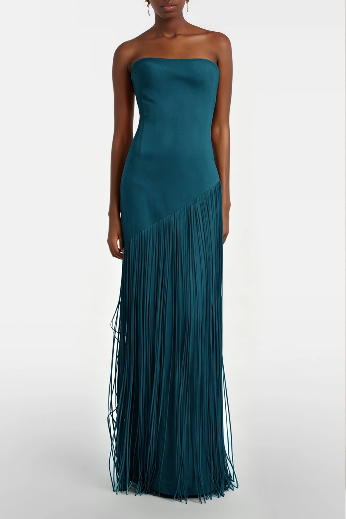 Cayetana Teal Fringe Maxi Dress with Cape Effect