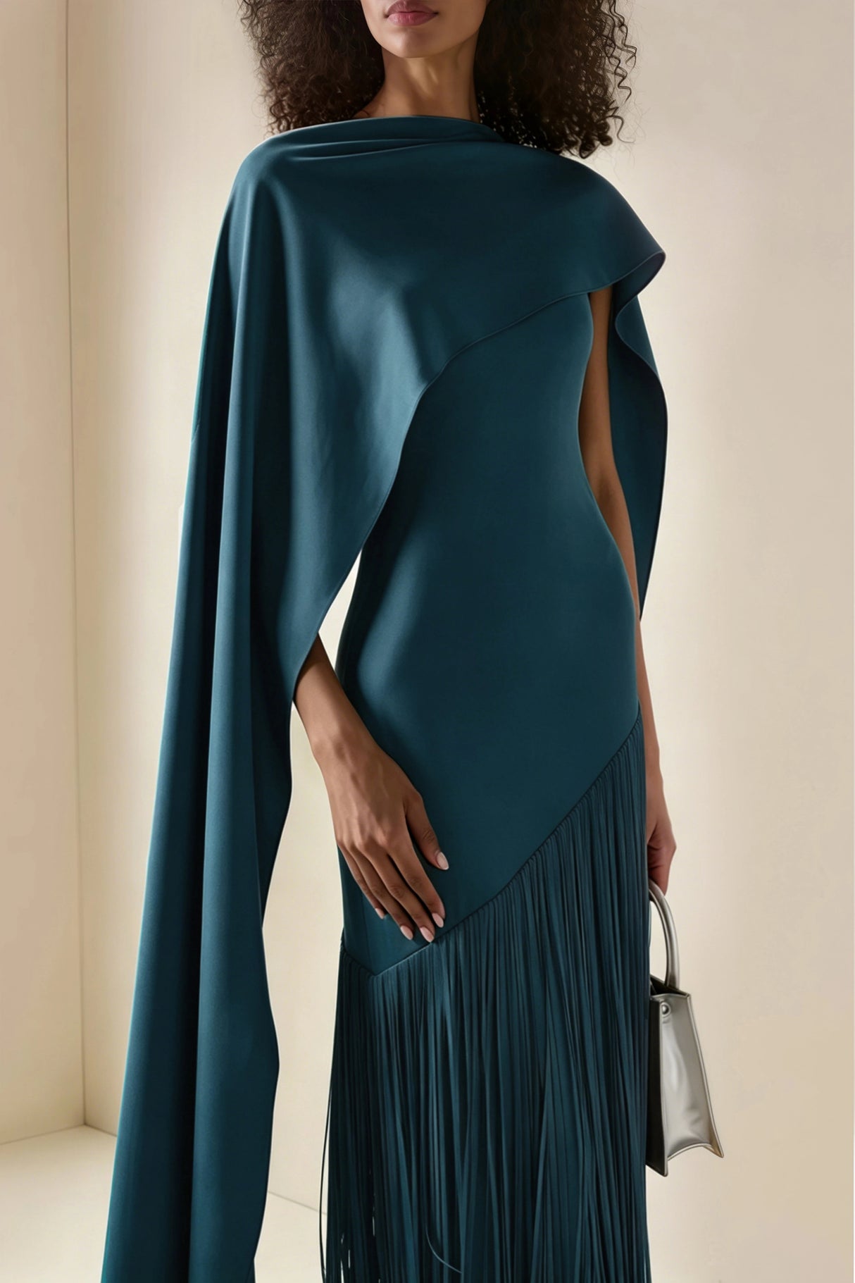 Cayetana Teal Fringe Maxi Dress with Cape Effect