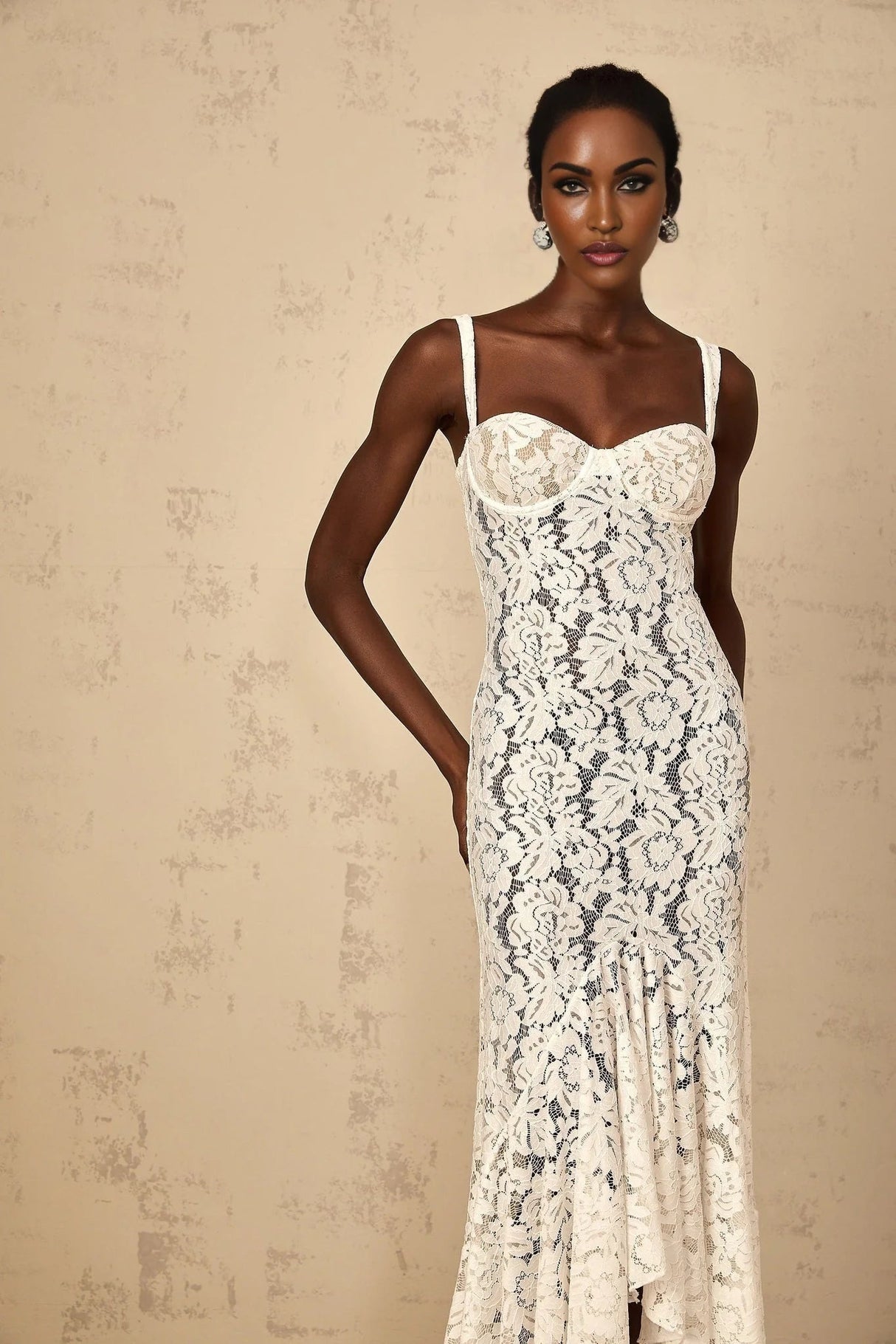 Cecilia Maxi Dress White Lace Bustier Floral Ruffles Floor - Length & Sheer