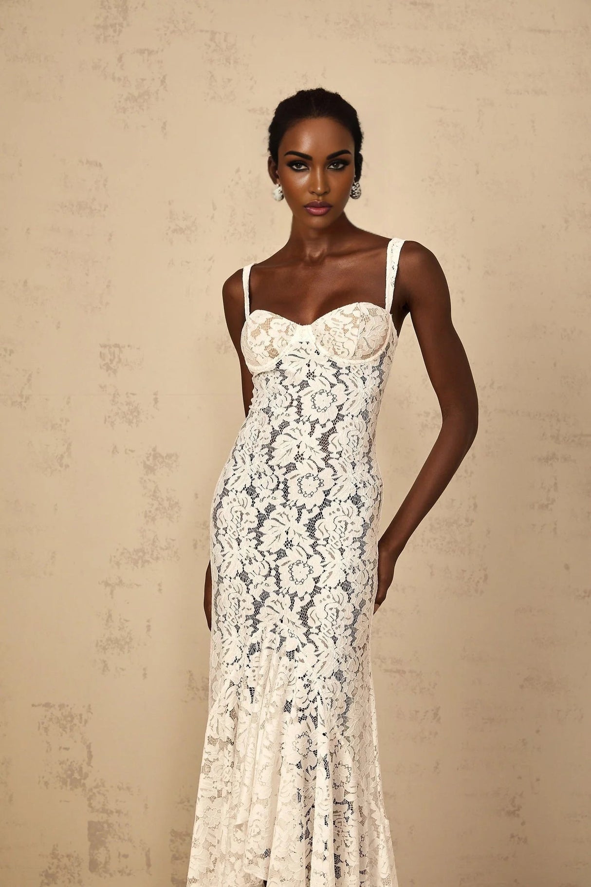 Cecilia Maxi Dress White Lace Bustier Floral Ruffles Floor - Length & Sheer