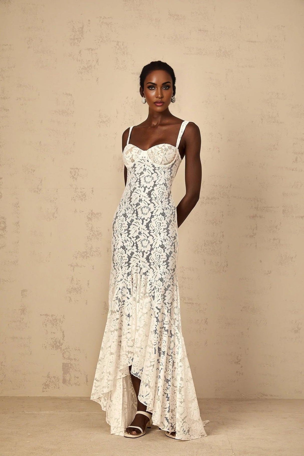Cecilia Maxi Dress White Lace Bustier Floral Ruffles Floor - Length & Sheer
