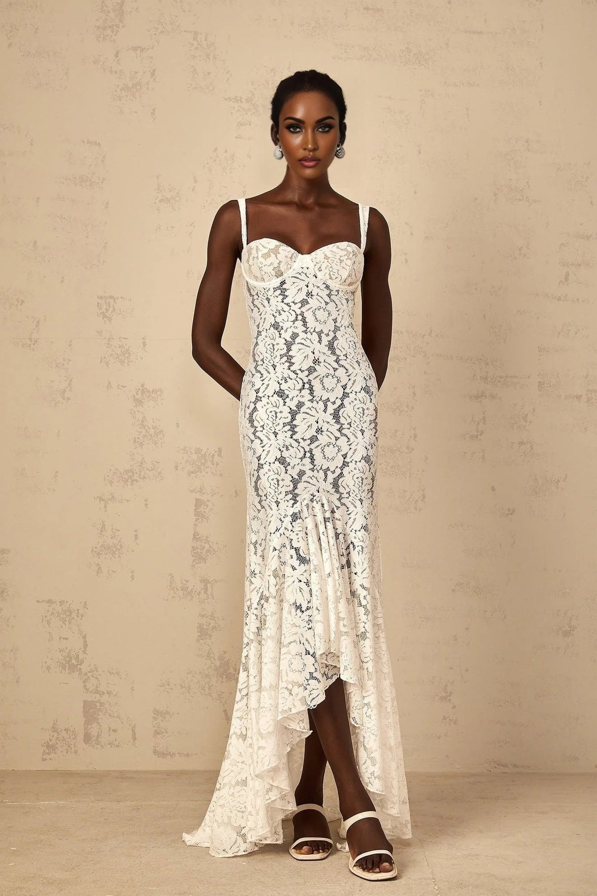 Cecilia Maxi Dress White Lace Bustier Floral Ruffles Floor - Length & Sheer