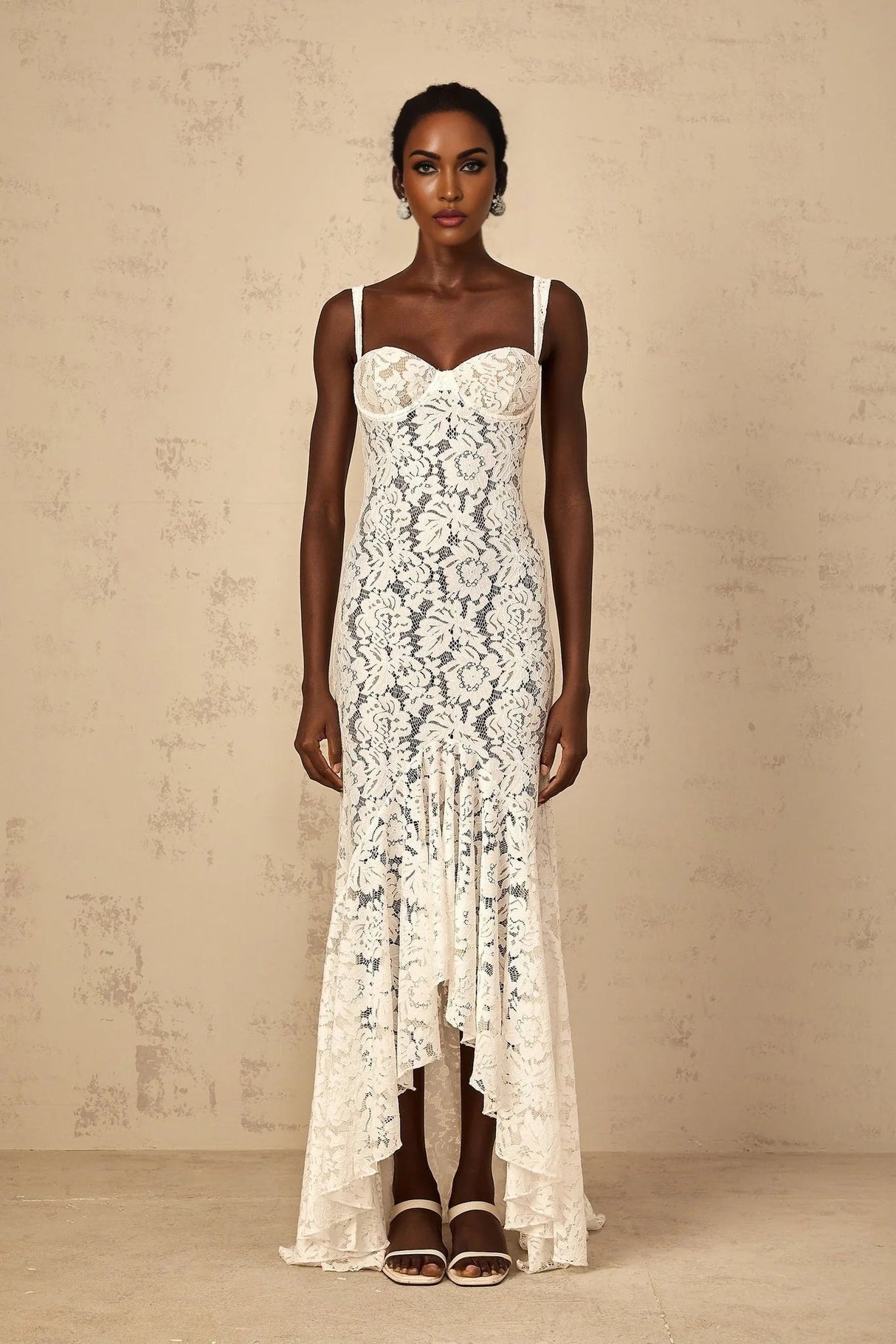 Cecilia Maxi Dress White Lace Bustier Floral Ruffles Floor - Length & Sheer