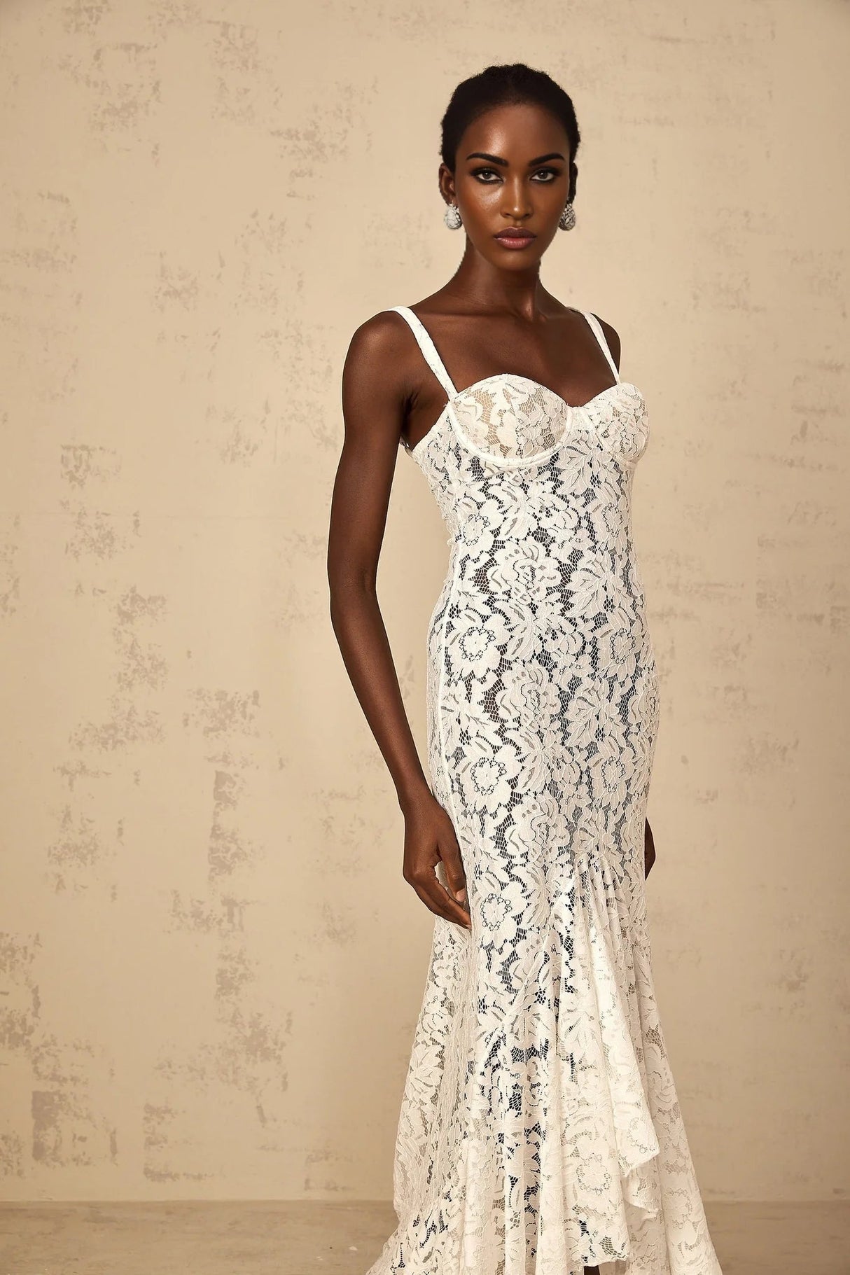 Cecilia Maxi Dress White Lace Bustier Floral Ruffles Floor - Length & Sheer
