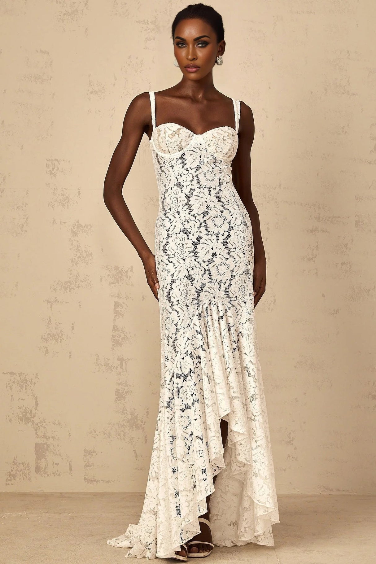 Cecilia Maxi Dress White Lace Bustier Floral Ruffles Floor - Length & Sheer