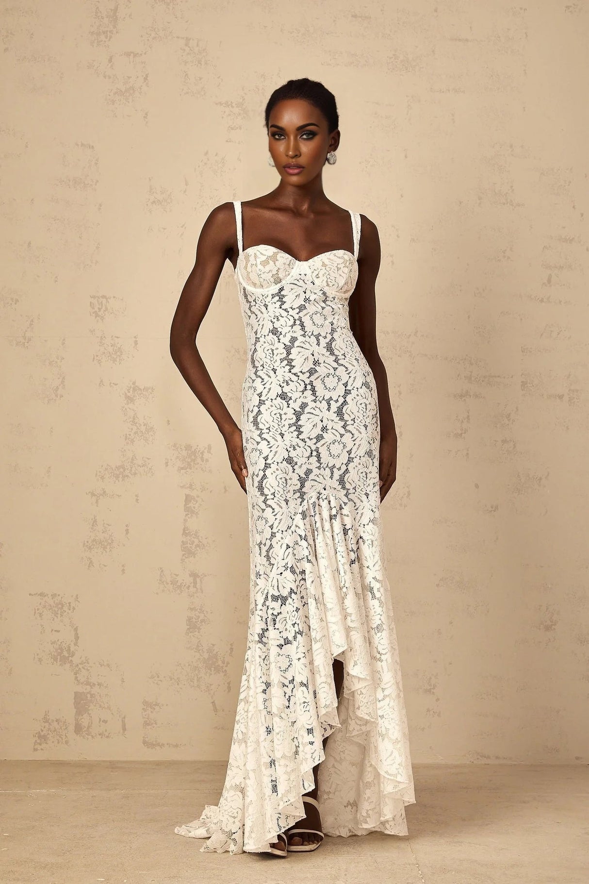 Cecilia Maxi Dress White Lace Bustier Floral Ruffles Floor - Length & Sheer