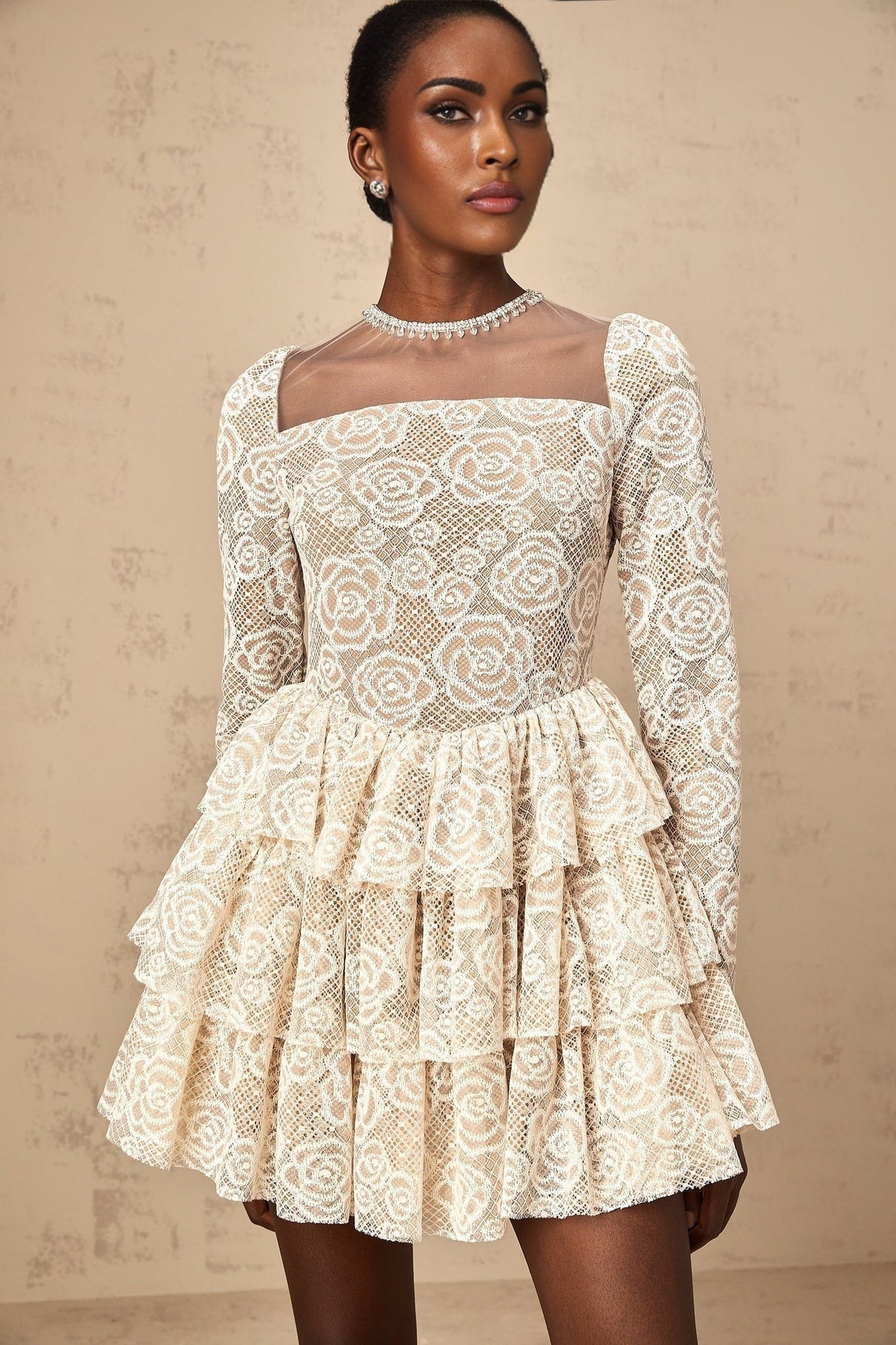 Cecilia Mini Dress - Floral Appliqué - Lace Embroidery - Crystal Embellishment - Tiered Design - Pleated Detailing