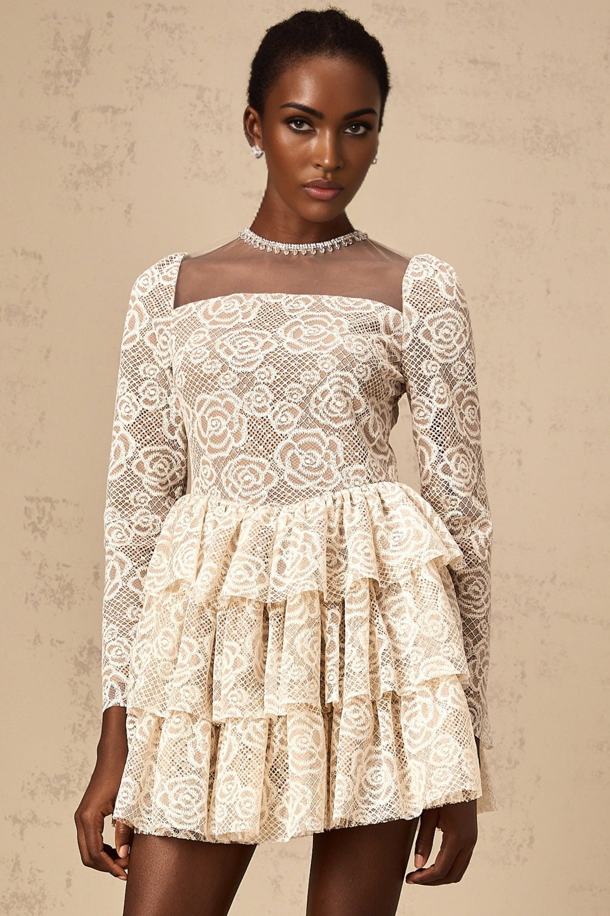 Cecilia Mini Dress - Floral Appliqué - Lace Embroidery - Crystal Embellishment - Tiered Design - Pleated Detailing
