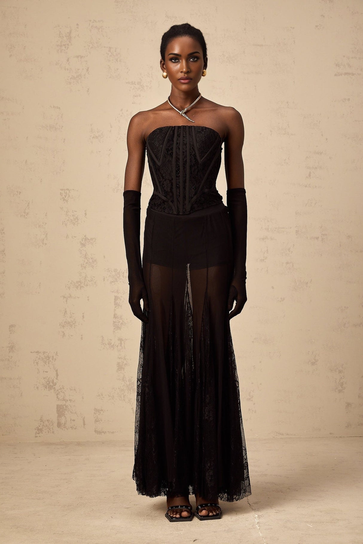 Celeste Corset & Skirt Set – Floral Lace – Semi - Sheer Tulle – Boned Fit