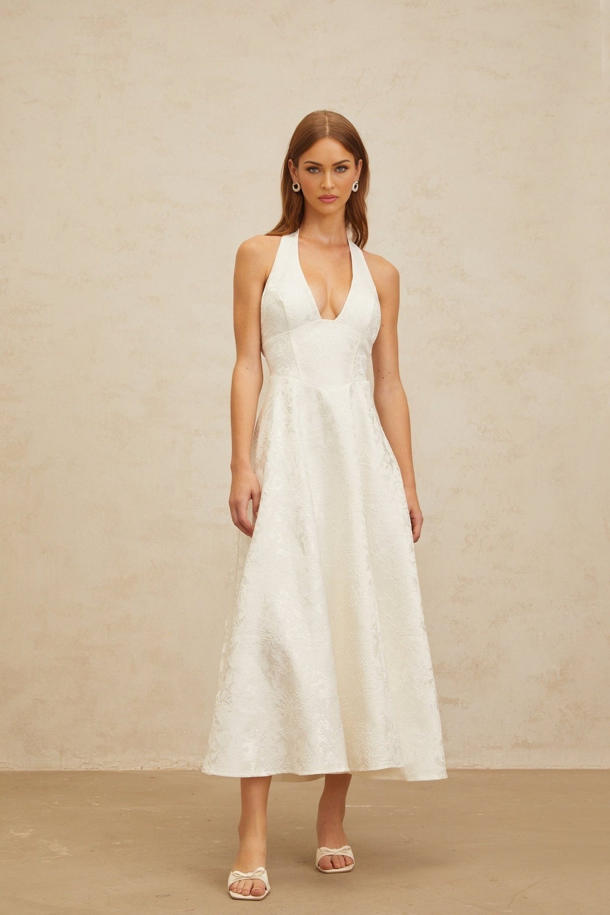 Celeste Midi Dress - Halterneck - Open Back - Fitted Waistline - Floral Jacquard - Self - Tie Design