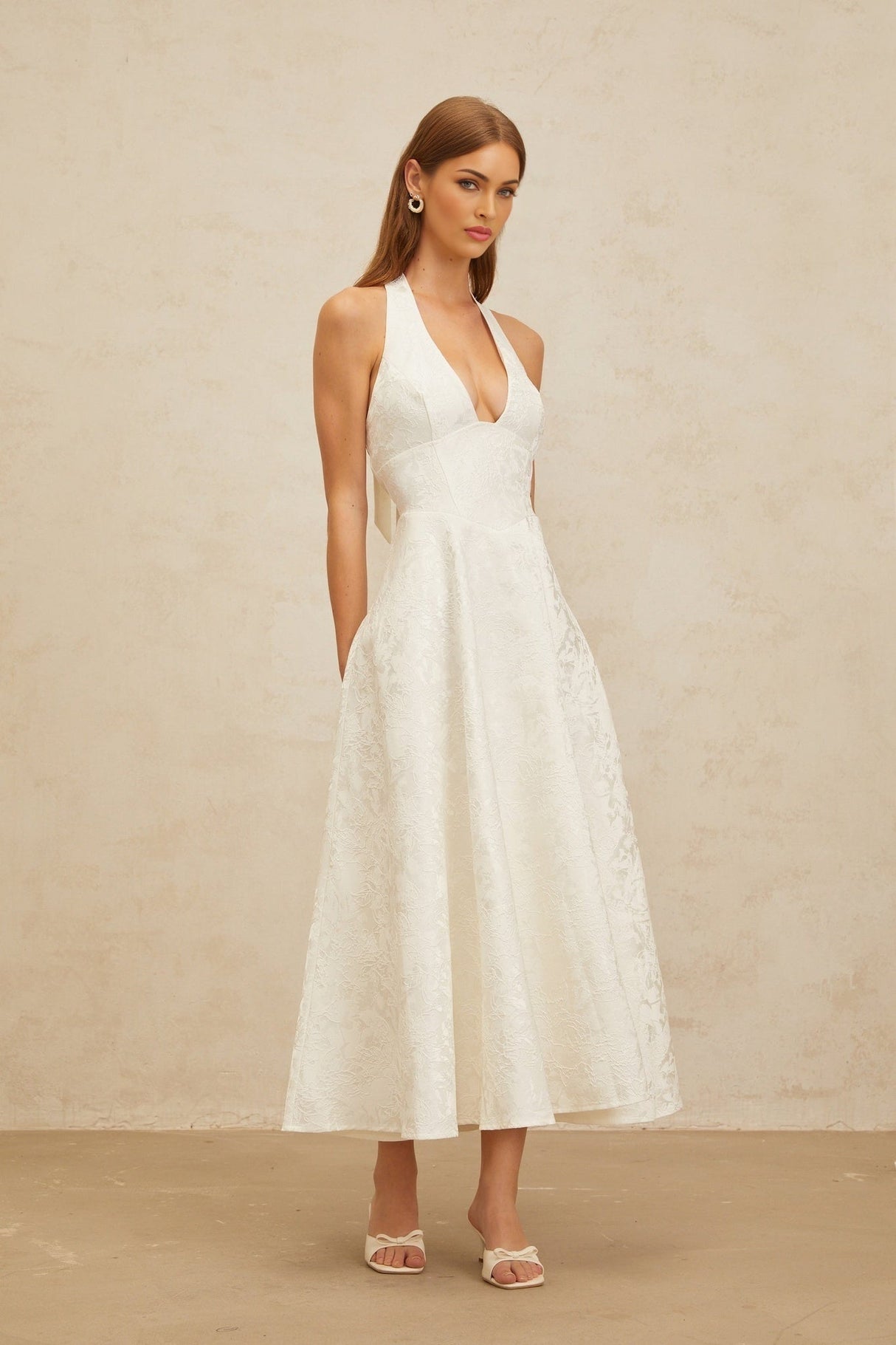 Celeste Midi Dress - Halterneck - Open Back - Fitted Waistline - Floral Jacquard - Self - Tie Design