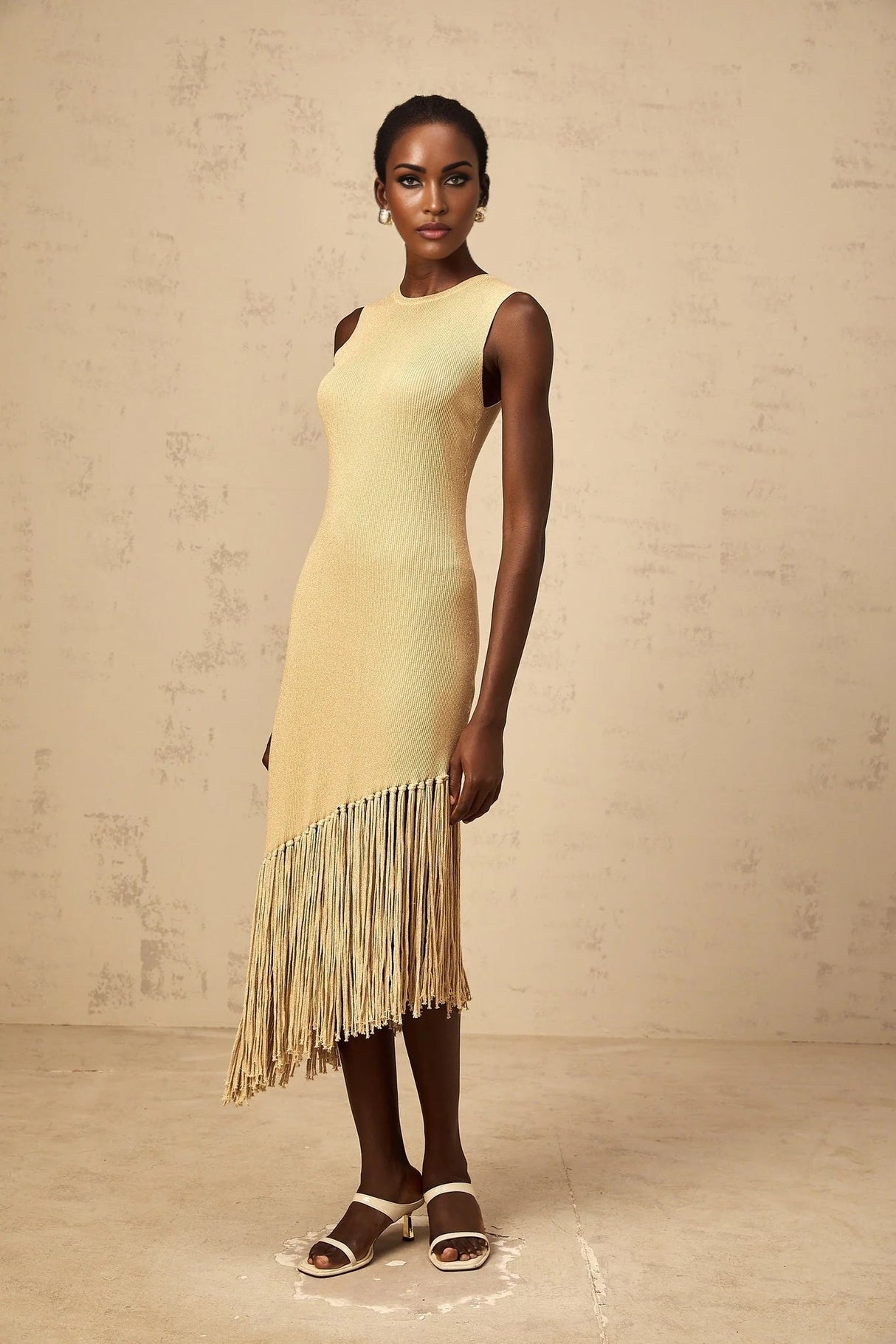 Celeste Midi Dress Neutrals Fringe Macram & Metallic Trim