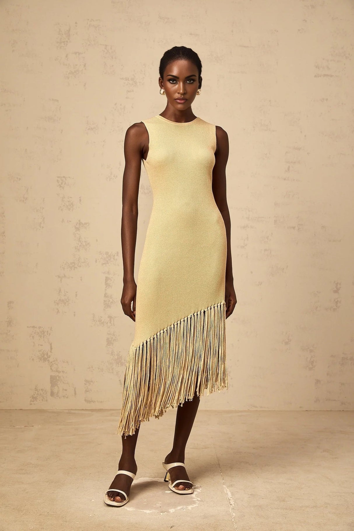 Celeste Midi Dress Neutrals Fringe Macram & Metallic Trim