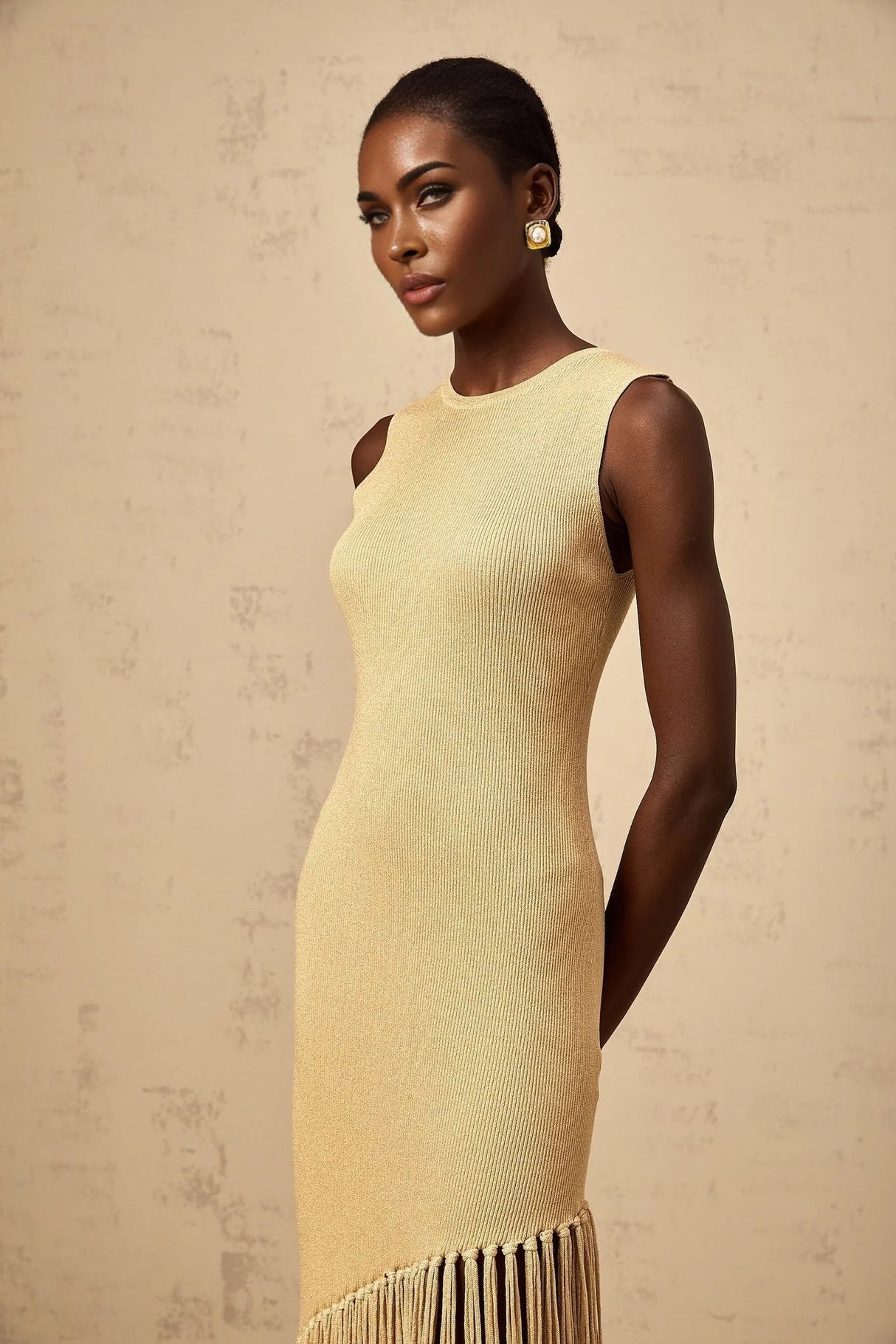 Celeste Midi Dress Neutrals Fringe Macram & Metallic Trim