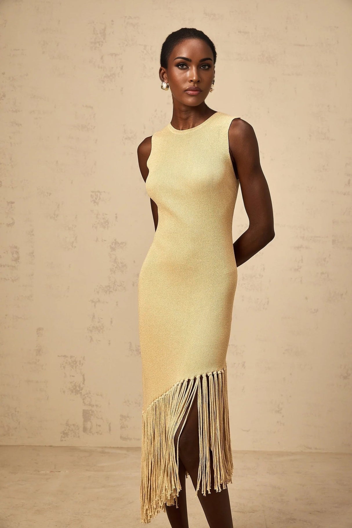 Celeste Midi Dress Neutrals Fringe Macram & Metallic Trim