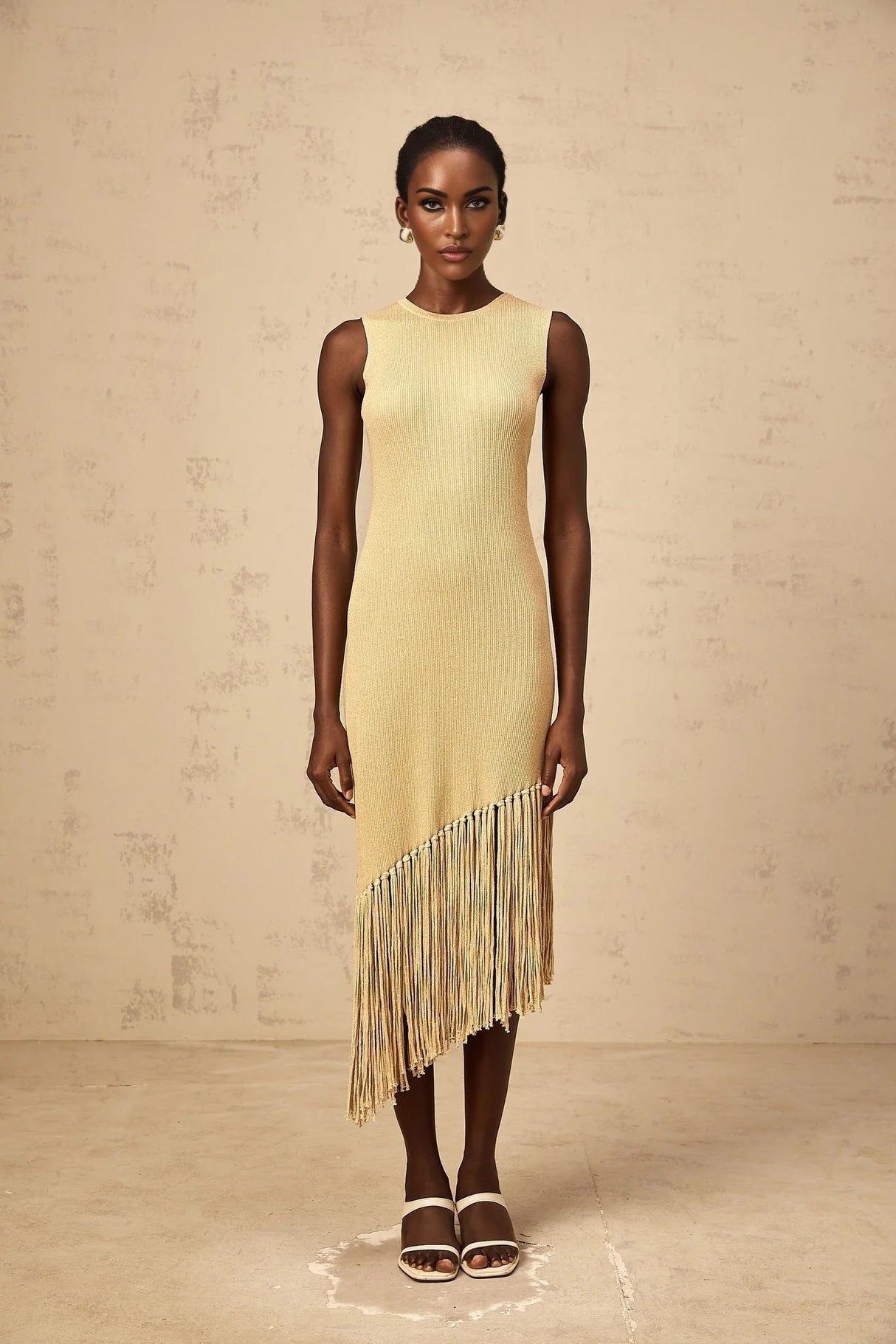 Celeste Midi Dress Neutrals Fringe Macram & Metallic Trim