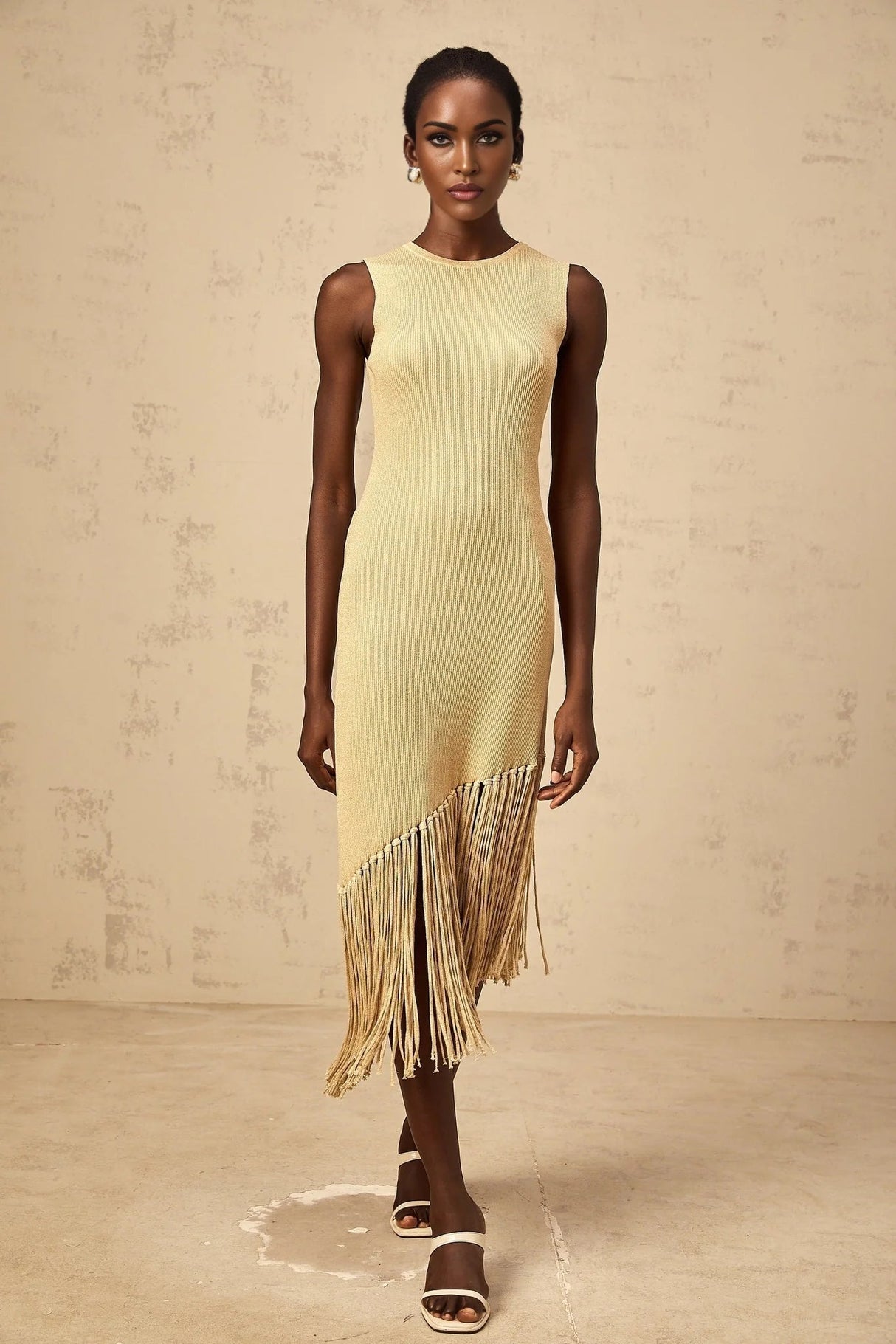 Celeste Midi Dress Neutrals Fringe Macram & Metallic Trim