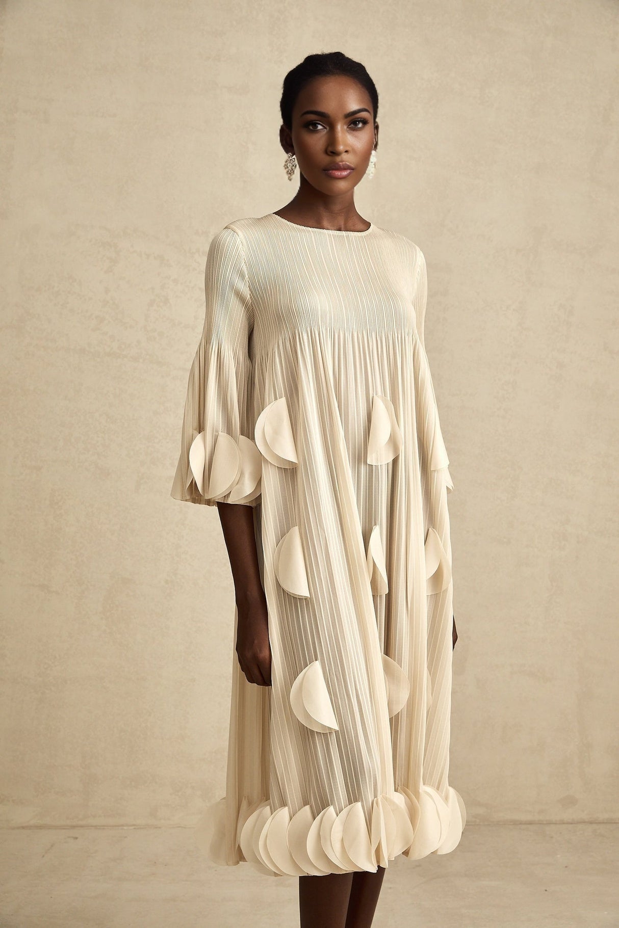 Celeste Midi Dress - Three - Quarter Sleeves - Pleated A - Line Silhouette