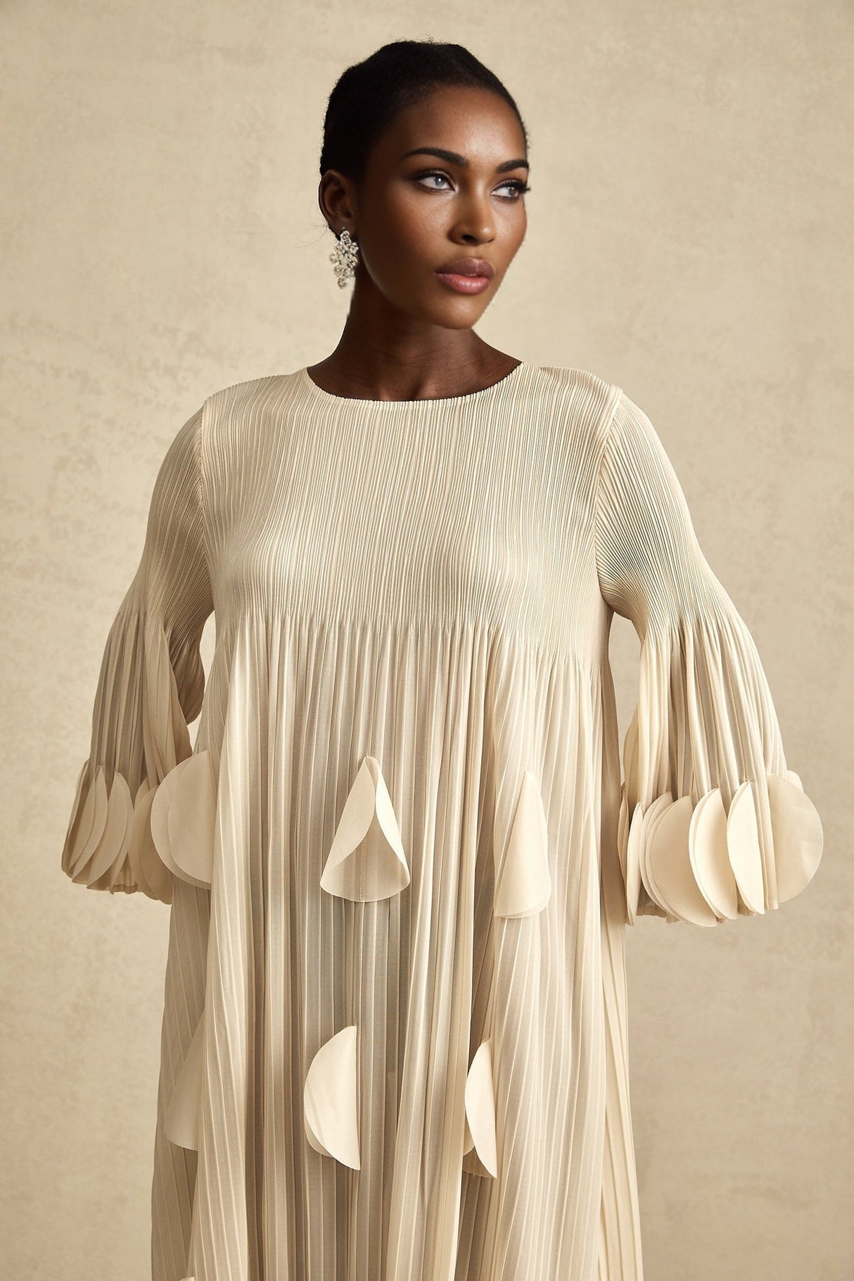 Celeste Midi Dress - Three - Quarter Sleeves - Pleated A - Line Silhouette