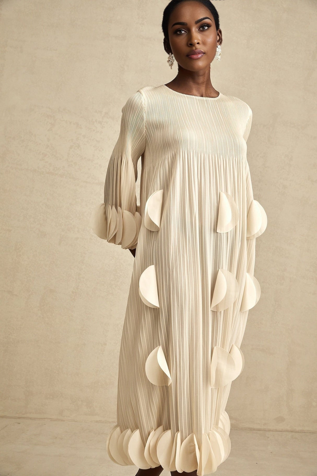 Celeste Midi Dress - Three - Quarter Sleeves - Pleated A - Line Silhouette