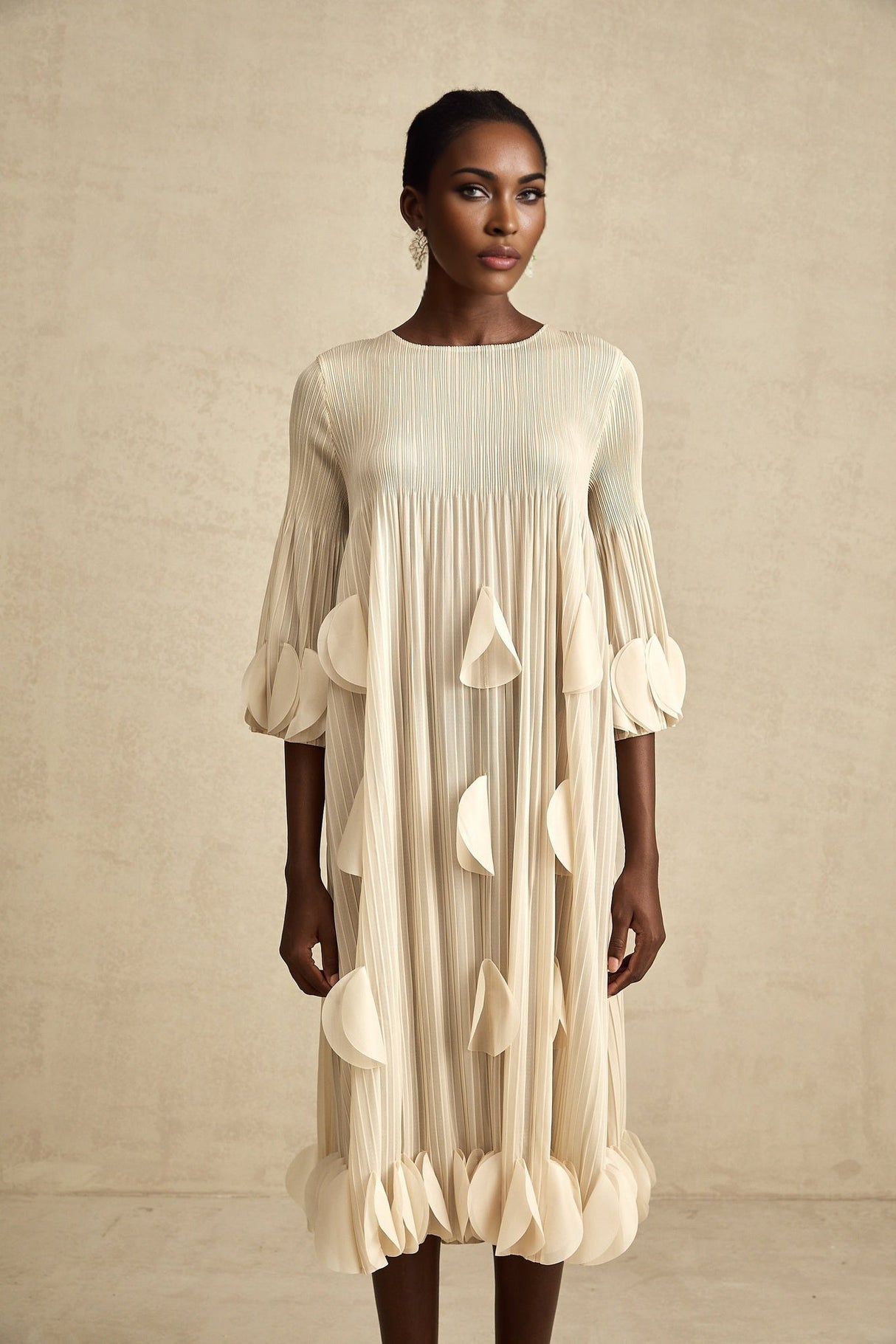 Celeste Midi Dress - Three - Quarter Sleeves - Pleated A - Line Silhouette