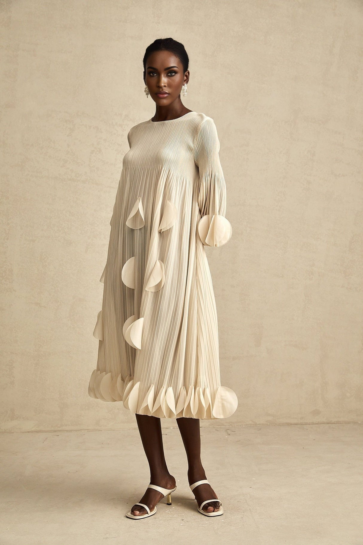 Celeste Midi Dress - Three - Quarter Sleeves - Pleated A - Line Silhouette