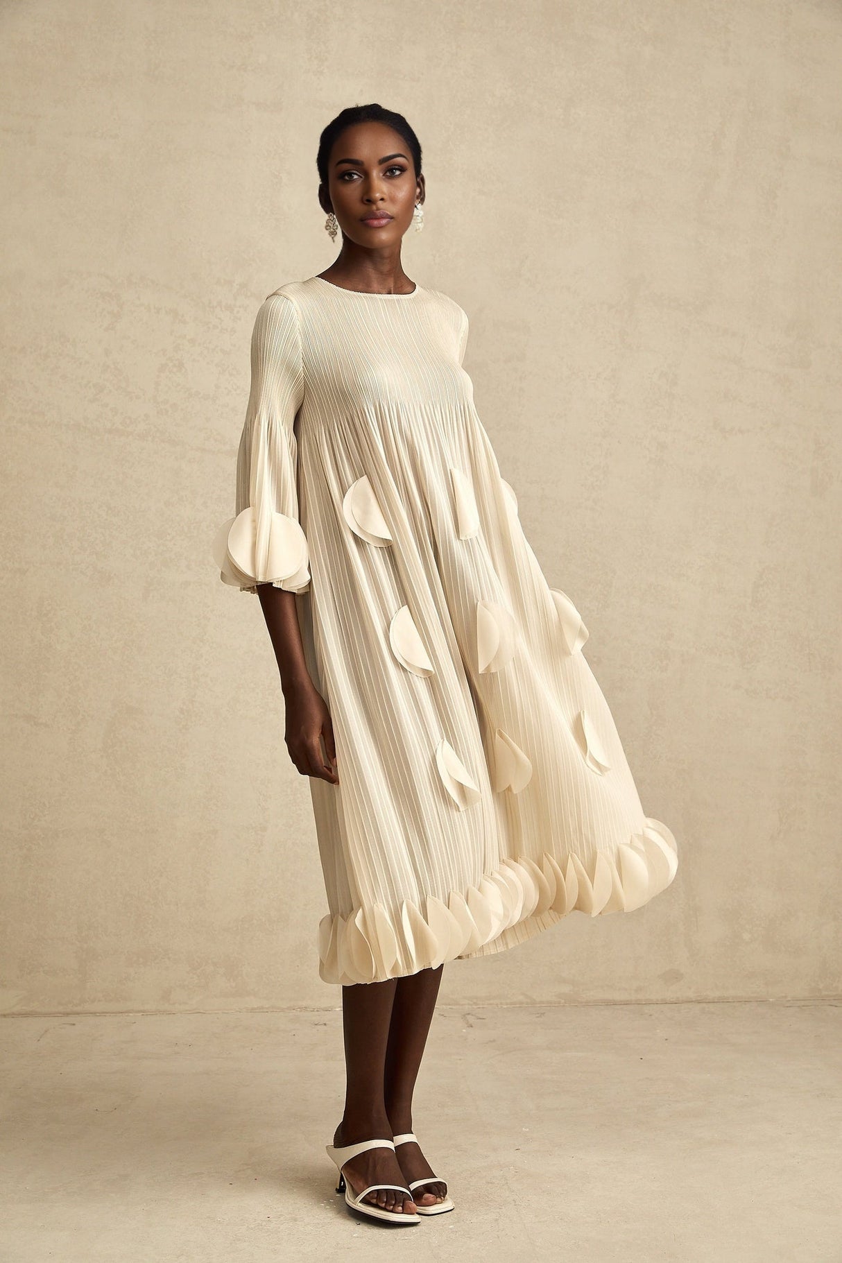 Celeste Midi Dress - Three - Quarter Sleeves - Pleated A - Line Silhouette