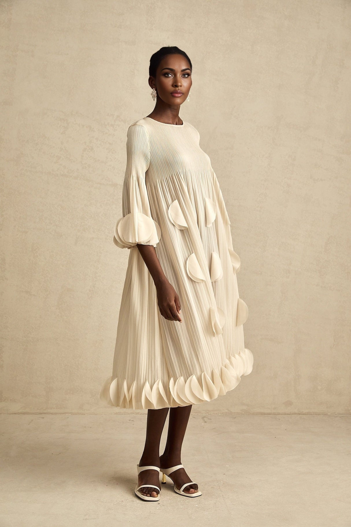 Celeste Midi Dress - Three - Quarter Sleeves - Pleated A - Line Silhouette