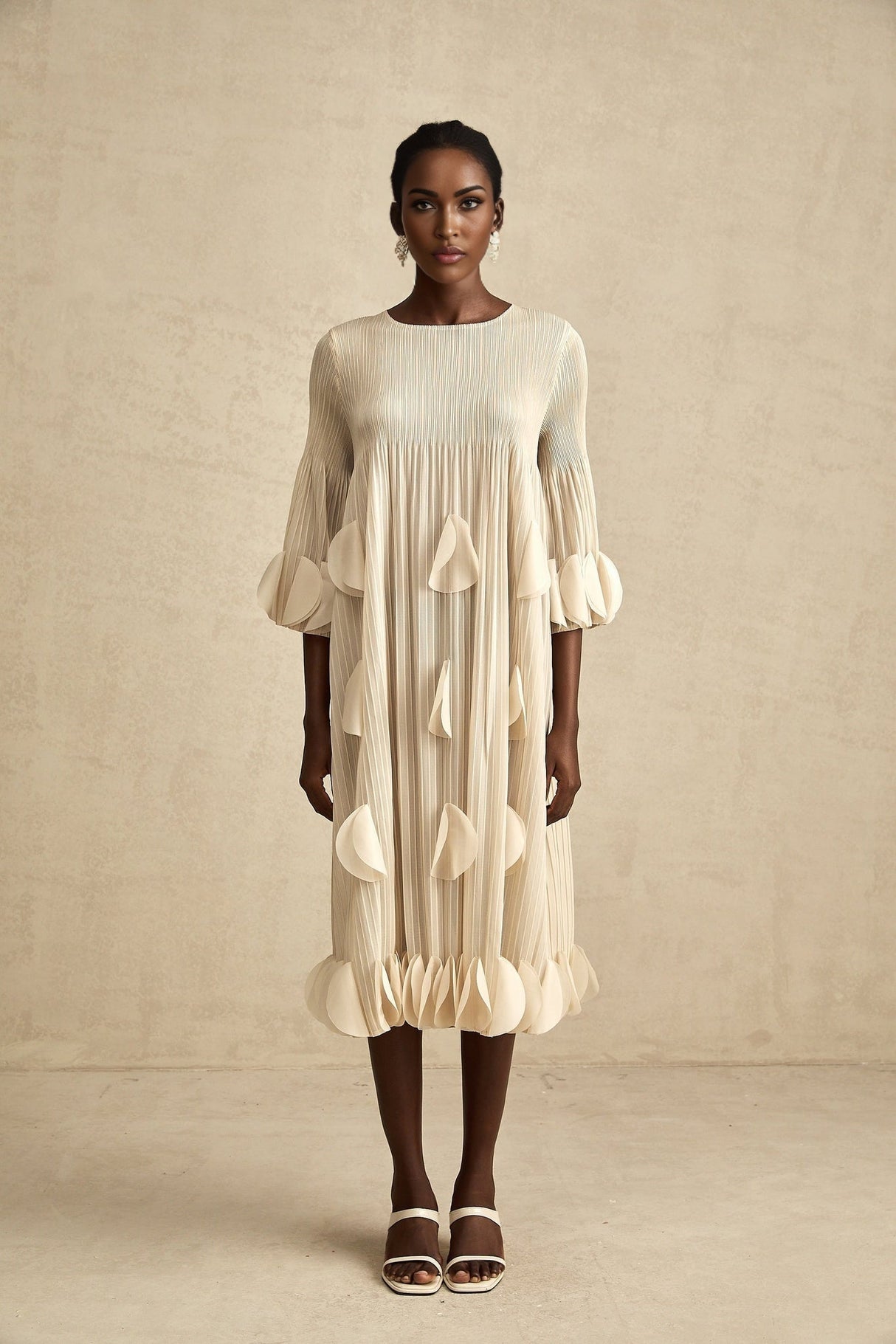 Celeste Midi Dress - Three - Quarter Sleeves - Pleated A - Line Silhouette