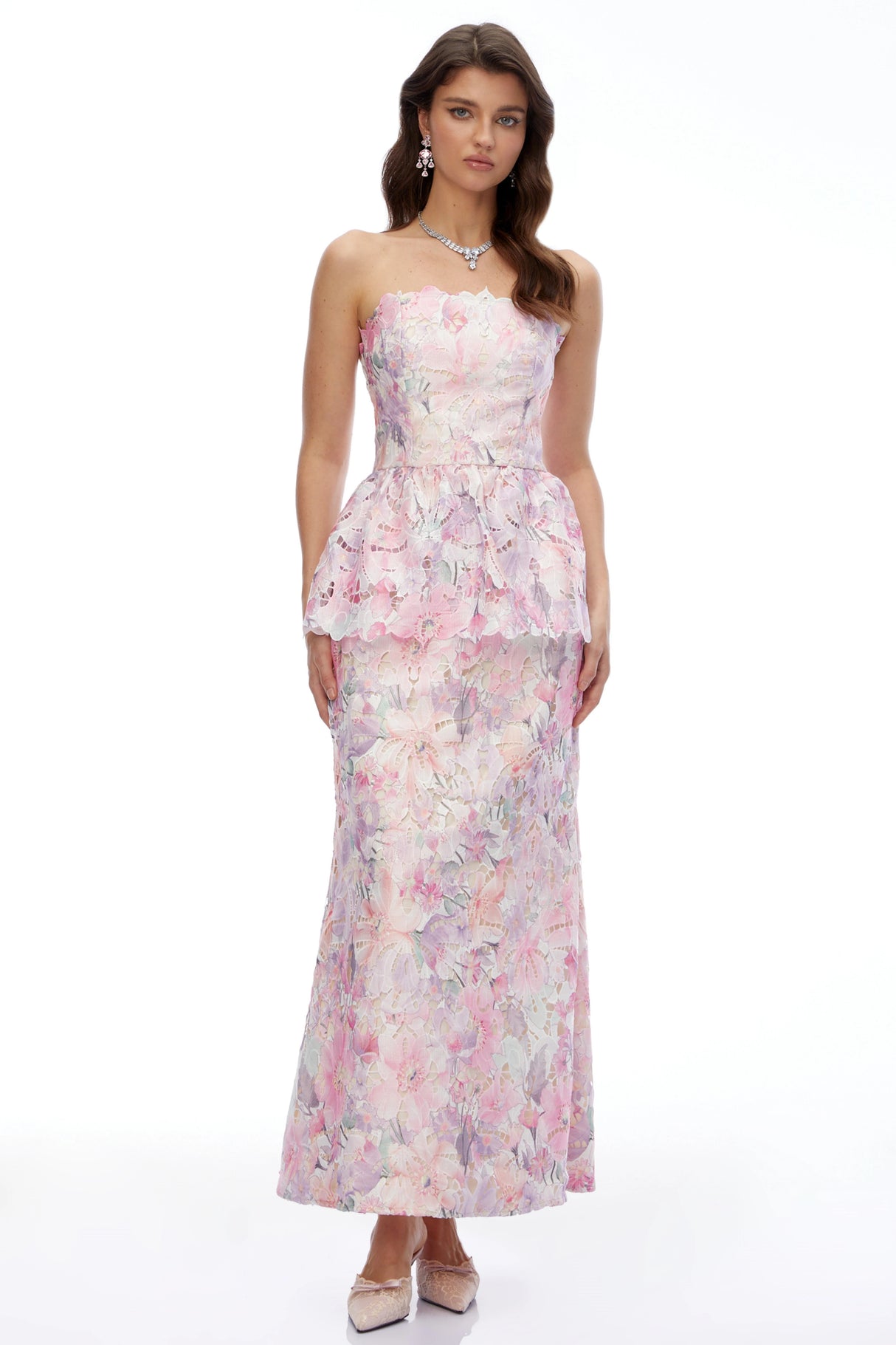 Céleste Pink Floral Strapless Peplum Maxi Dress