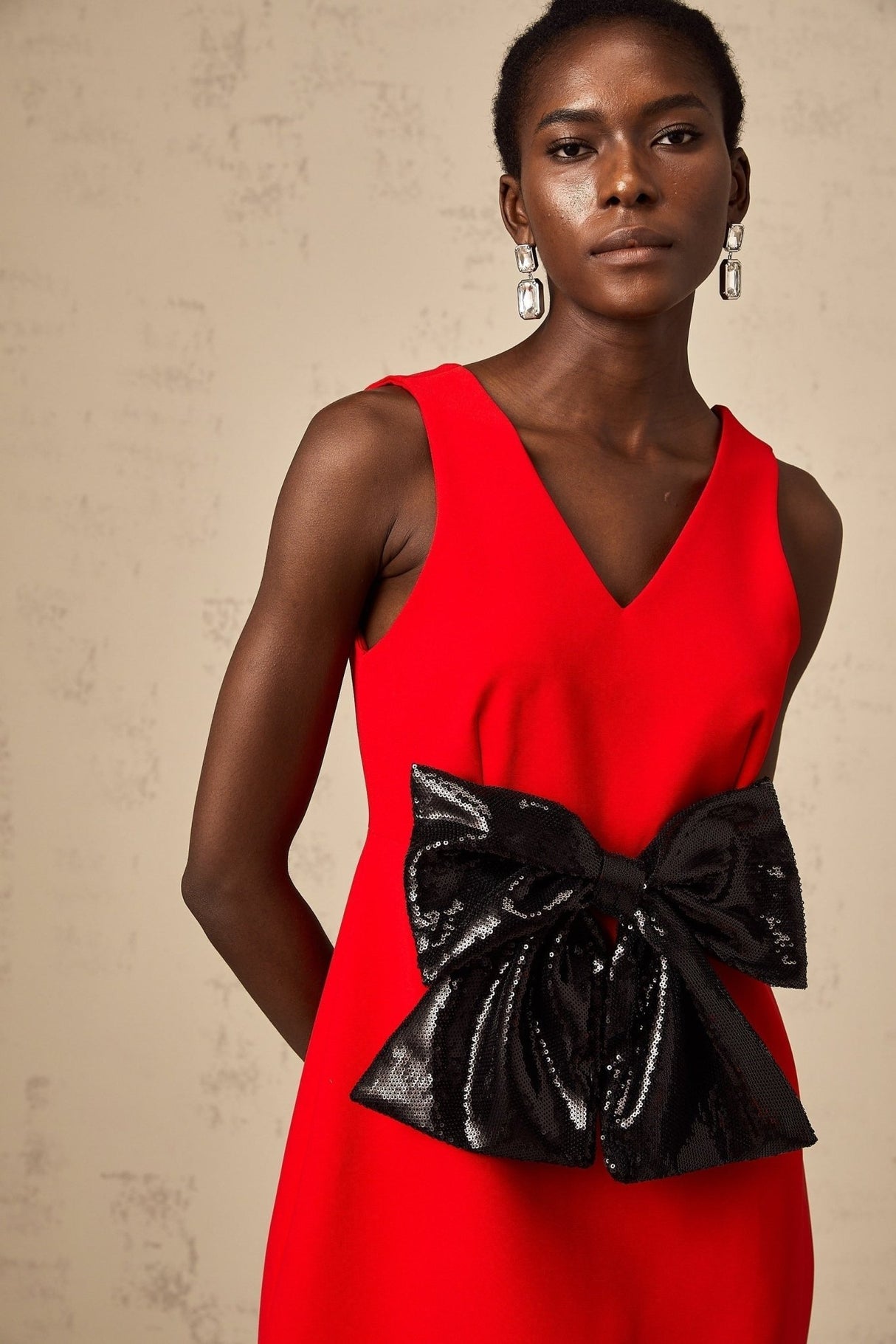 Celeste Sequin Mini Dress - Sleeveless V - Neckline with Bow Detailing - Wide Shoulder Straps and Side Slip Pockets - Thigh - Length Cut