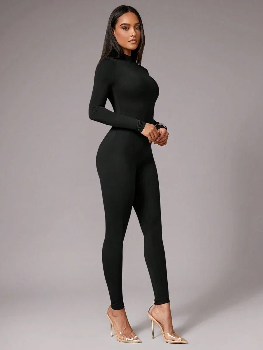 Celestina Jumpsuit - High Stretch Elasticity - Skinny Fit - Casual Style - Long Length - Stand Collar Neckline - Regular Sleeve Type