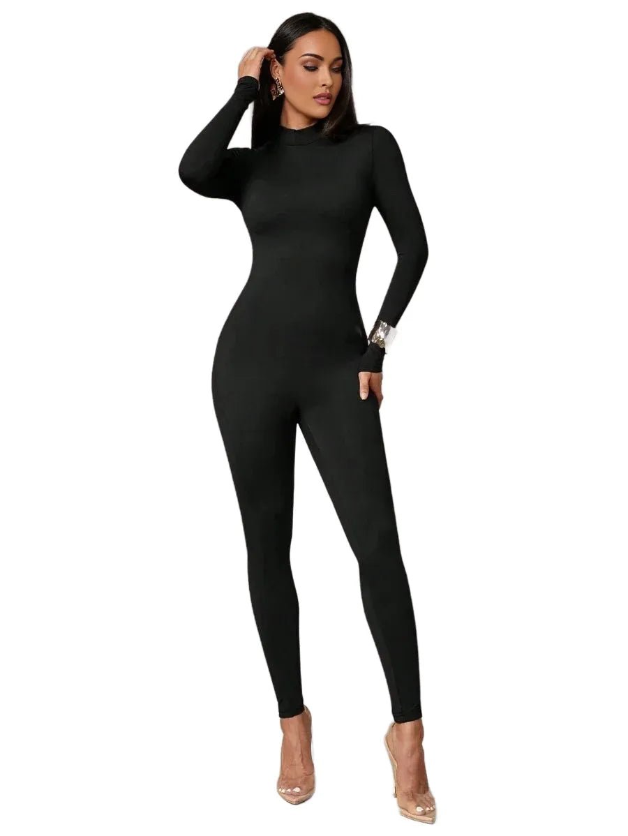 Celestina Jumpsuit - High Stretch Elasticity - Skinny Fit - Casual Style - Long Length - Stand Collar Neckline - Regular Sleeve Type