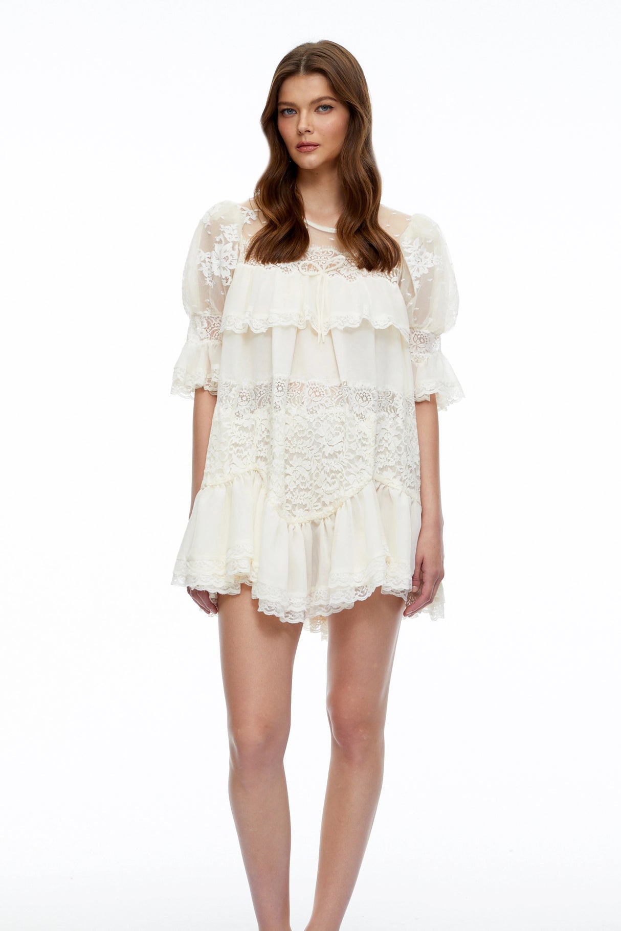 Celinda Cream Lace Ruffled Mini Dress
