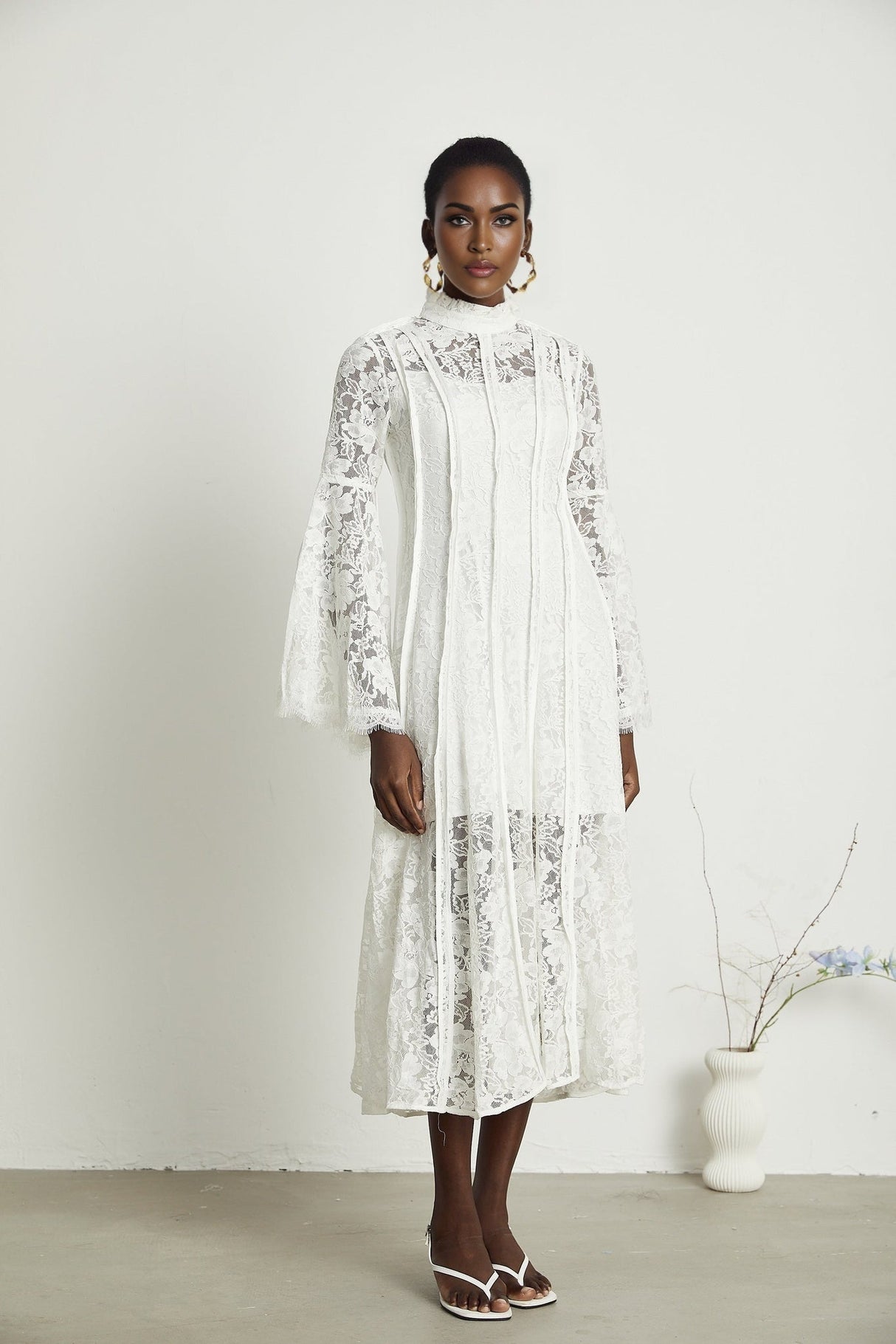 Céline Midi Dress - Romantic Flared Sleeves - Delicate Lace Trim - A - Line Silhouette - Ruffled Hemline - Concealed Zipper
