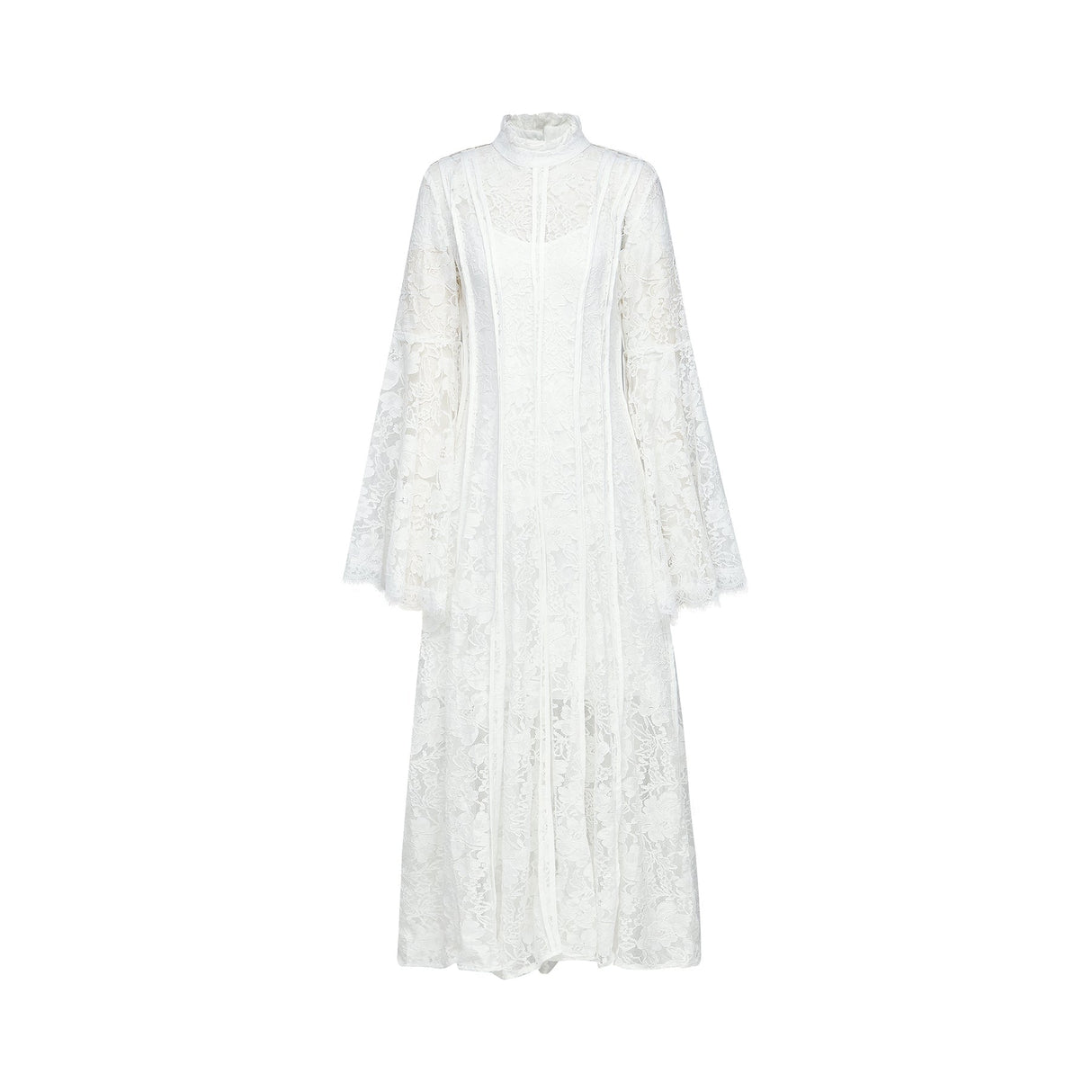 Céline Midi Dress - Romantic Flared Sleeves - Delicate Lace Trim - A - Line Silhouette - Ruffled Hemline - Concealed Zipper