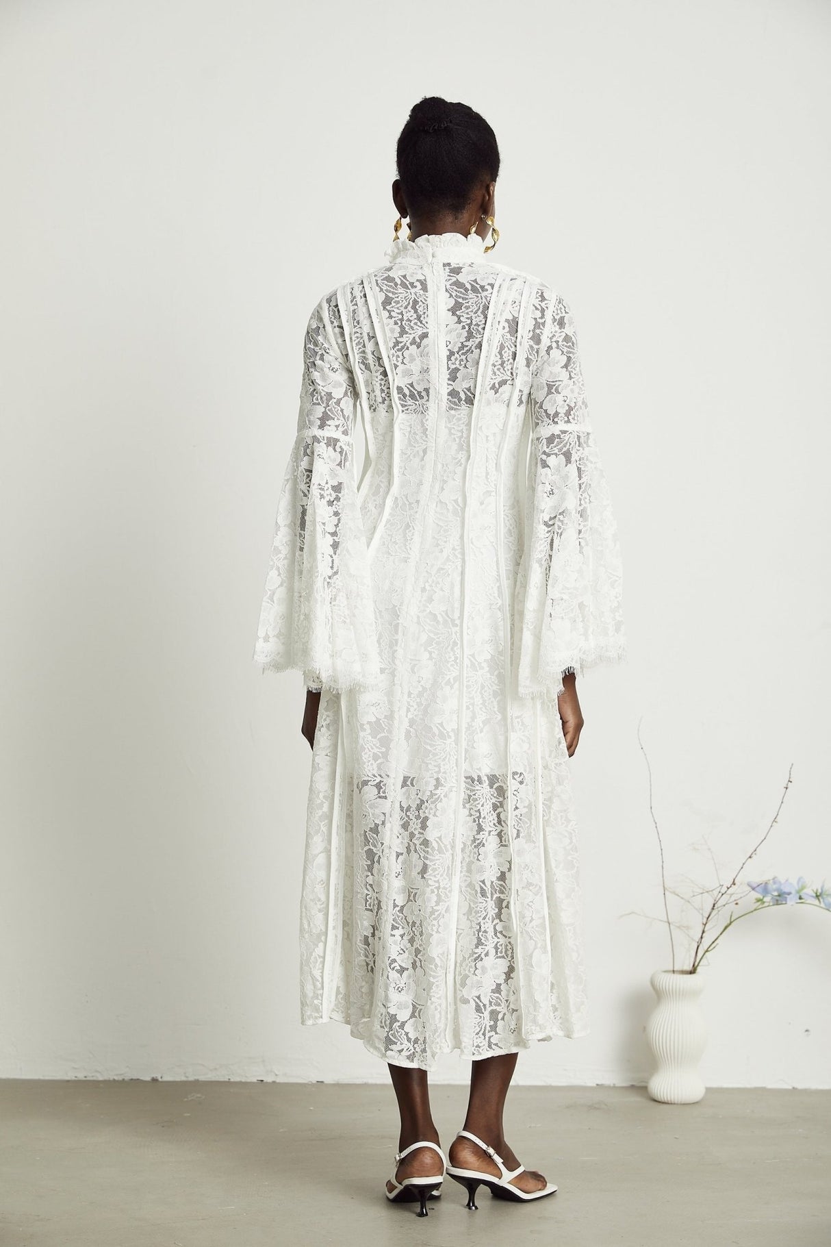 Céline Midi Dress - Romantic Flared Sleeves - Delicate Lace Trim - A - Line Silhouette - Ruffled Hemline - Concealed Zipper