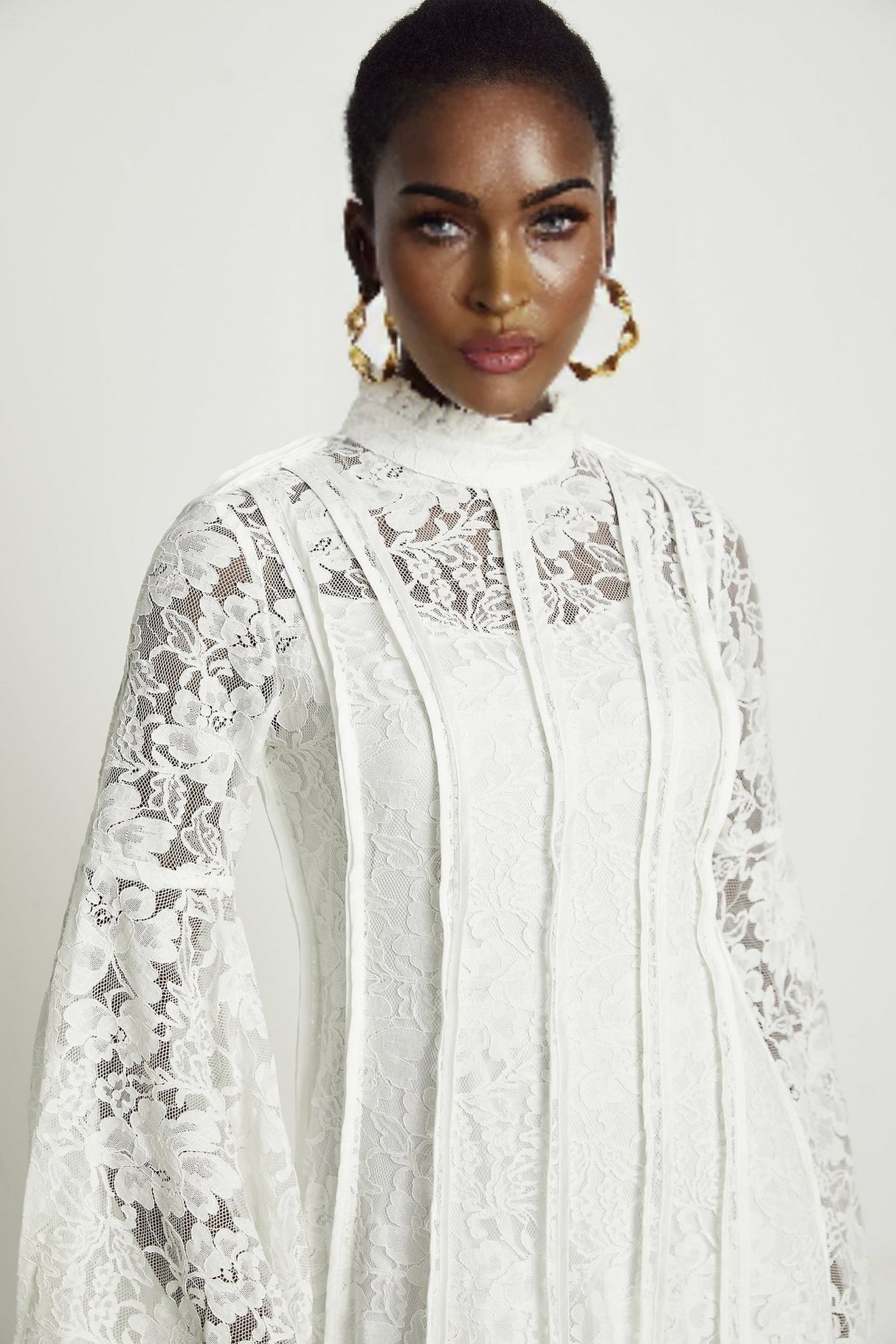 Céline Midi Dress - Romantic Flared Sleeves - Delicate Lace Trim - A - Line Silhouette - Ruffled Hemline - Concealed Zipper