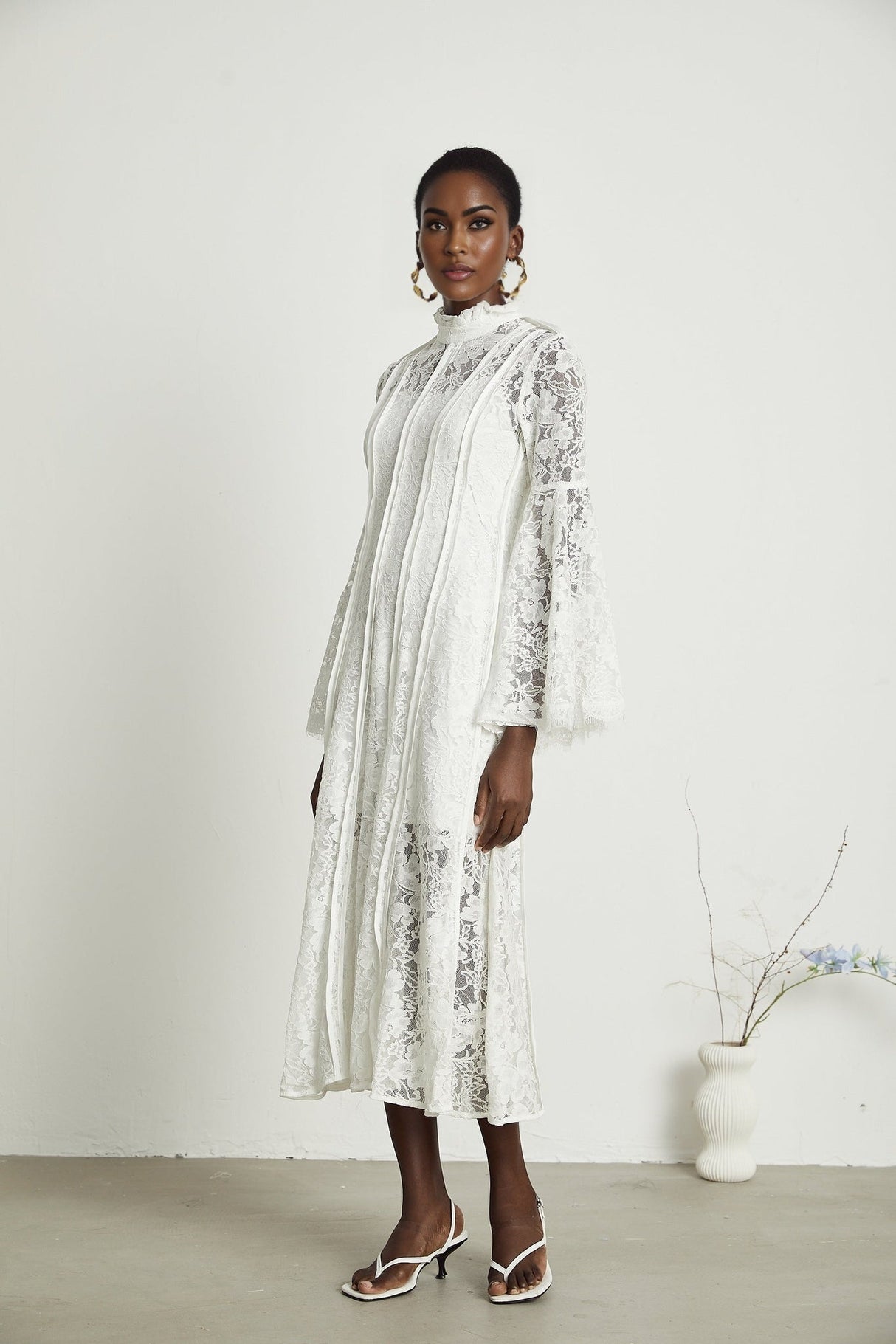 Céline Midi Dress - Romantic Flared Sleeves - Delicate Lace Trim - A - Line Silhouette - Ruffled Hemline - Concealed Zipper