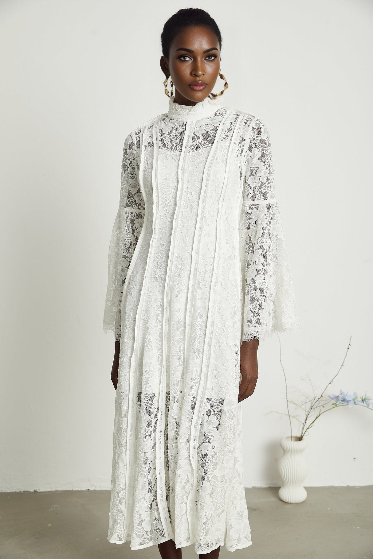 Céline Midi Dress - Romantic Flared Sleeves - Delicate Lace Trim - A - Line Silhouette - Ruffled Hemline - Concealed Zipper