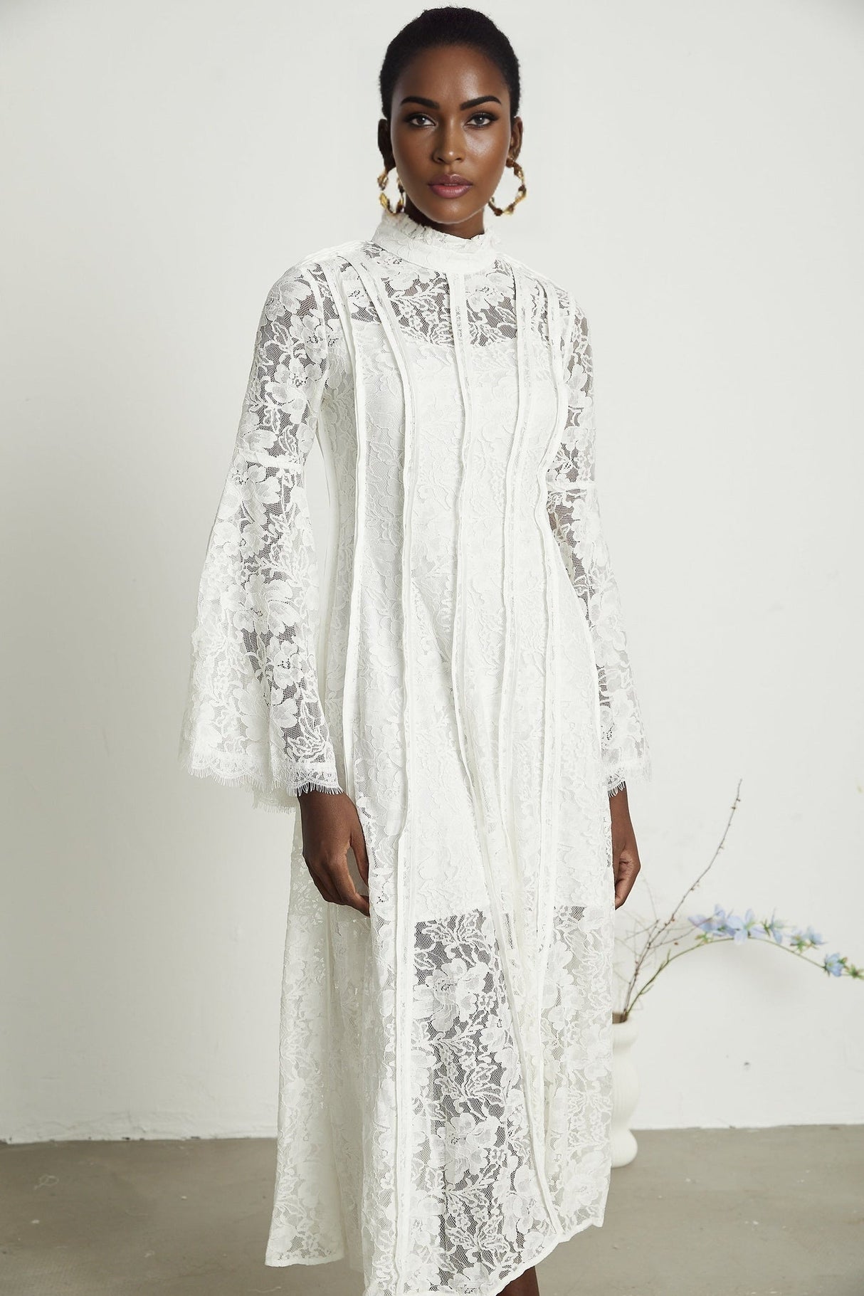 Céline Midi Dress - Romantic Flared Sleeves - Delicate Lace Trim - A - Line Silhouette - Ruffled Hemline - Concealed Zipper