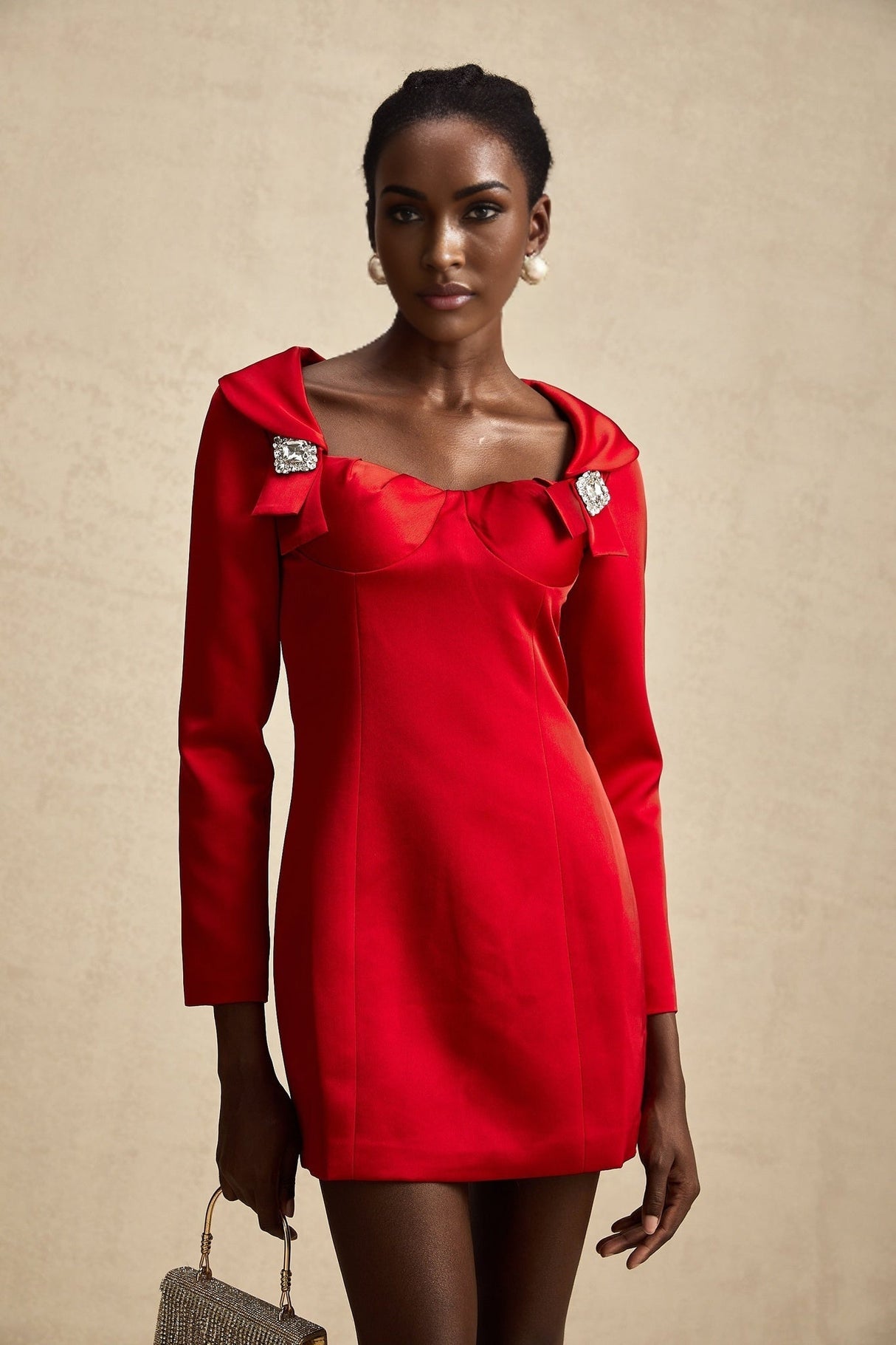 Céline Mini Dress - Corset Style - Lapels - Long Sleeves - Crystal Embellishment