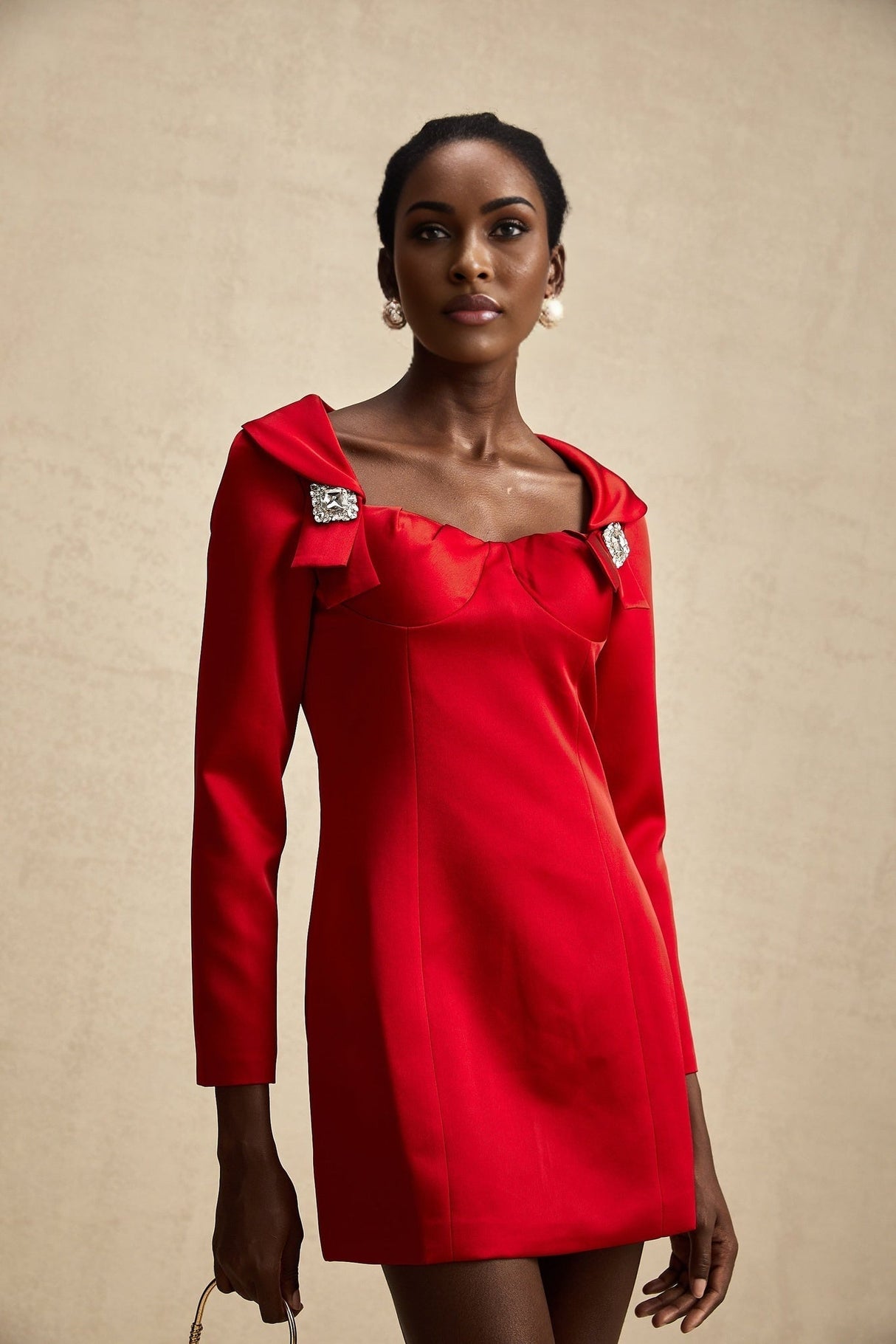 Céline Mini Dress - Corset Style - Lapels - Long Sleeves - Crystal Embellishment