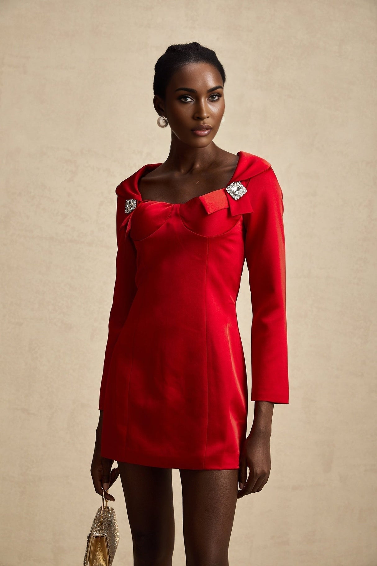 Céline Mini Dress - Corset Style - Lapels - Long Sleeves - Crystal Embellishment