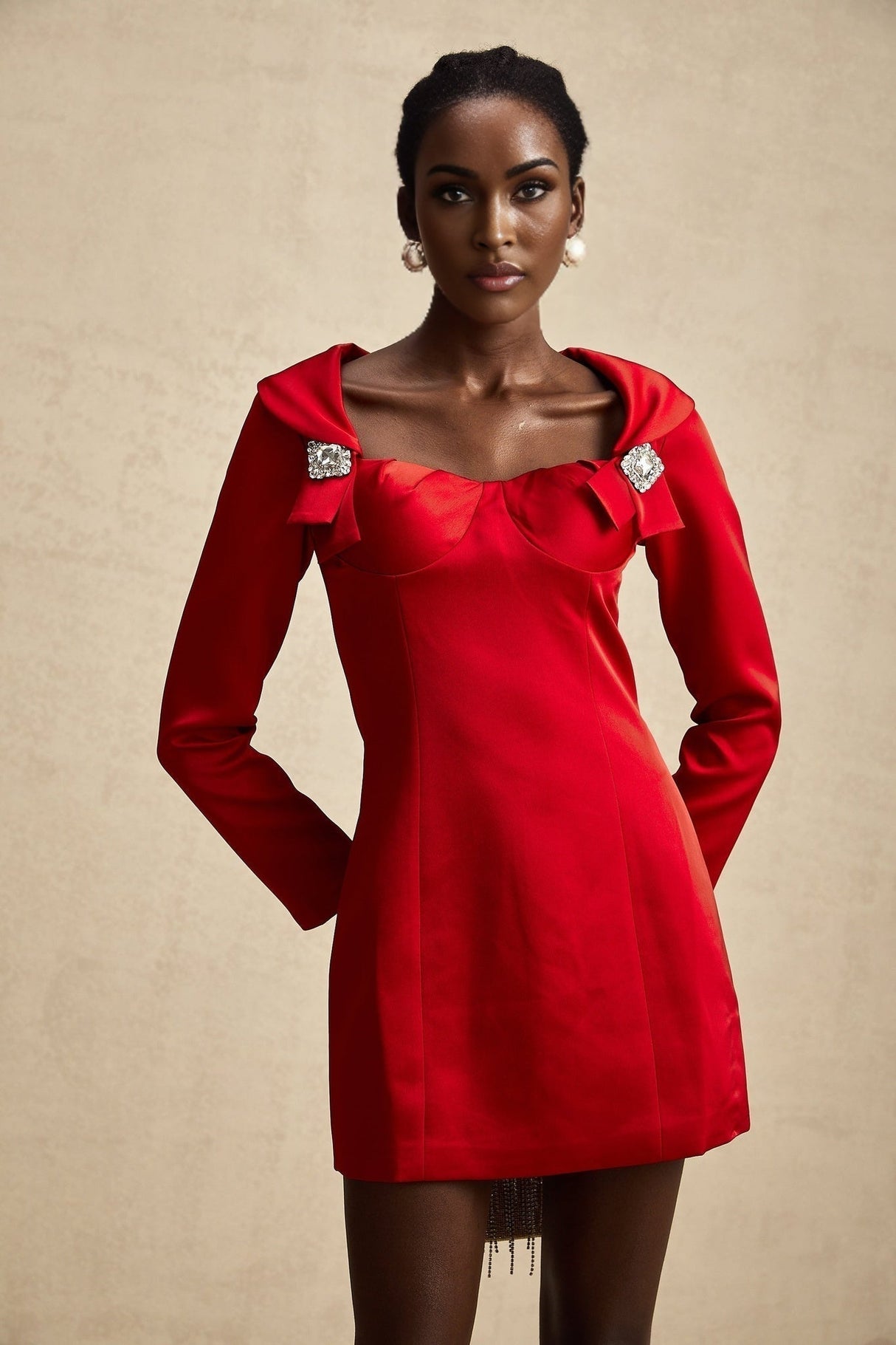 Céline Mini Dress - Corset Style - Lapels - Long Sleeves - Crystal Embellishment